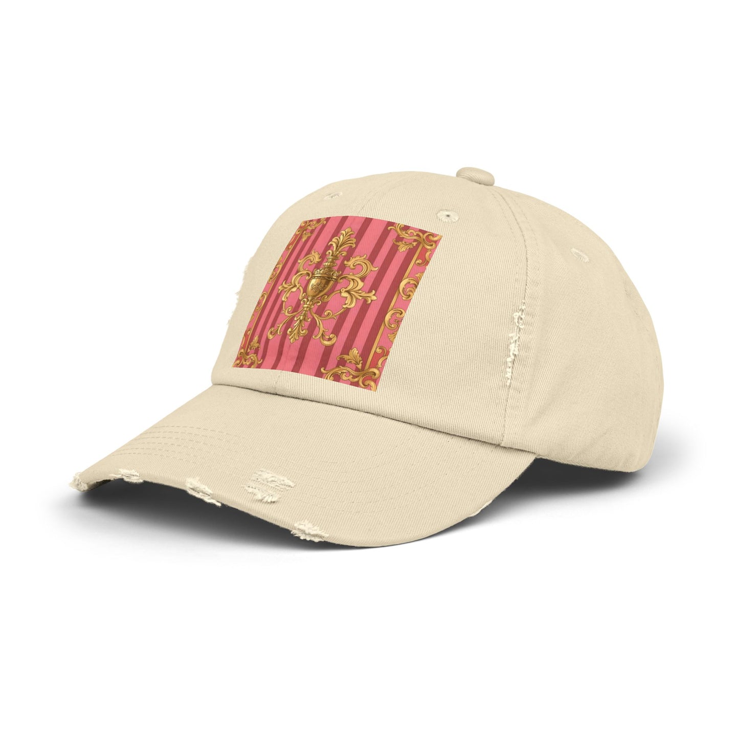 Chic Distressed Unisex Cap - Trendy Accessories for Style Lovers, Everyday Wear, Fashion Statement, Birthday Gift - Pink Striped Gold Baroque