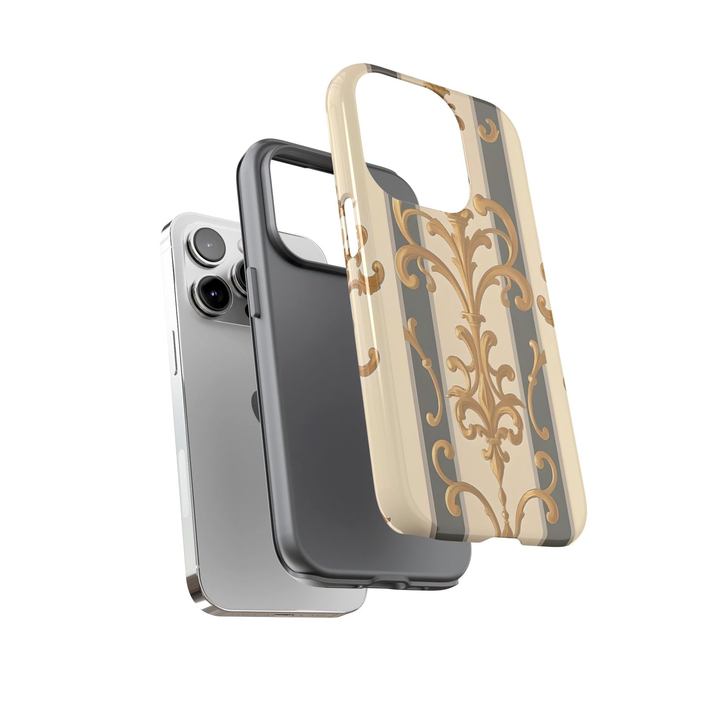 Elegant Floral Motif Phone Case - Tough Cases with Vintage Design - Dusk Olive Striped Gold Damask