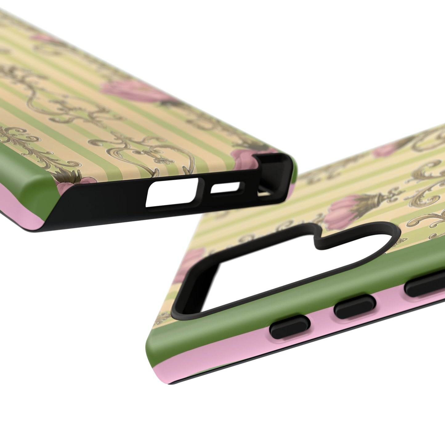 Elegant Floral Motif Phone Case - Tough Cases with Vintage Design - Lime Green & Pink Striped Damask