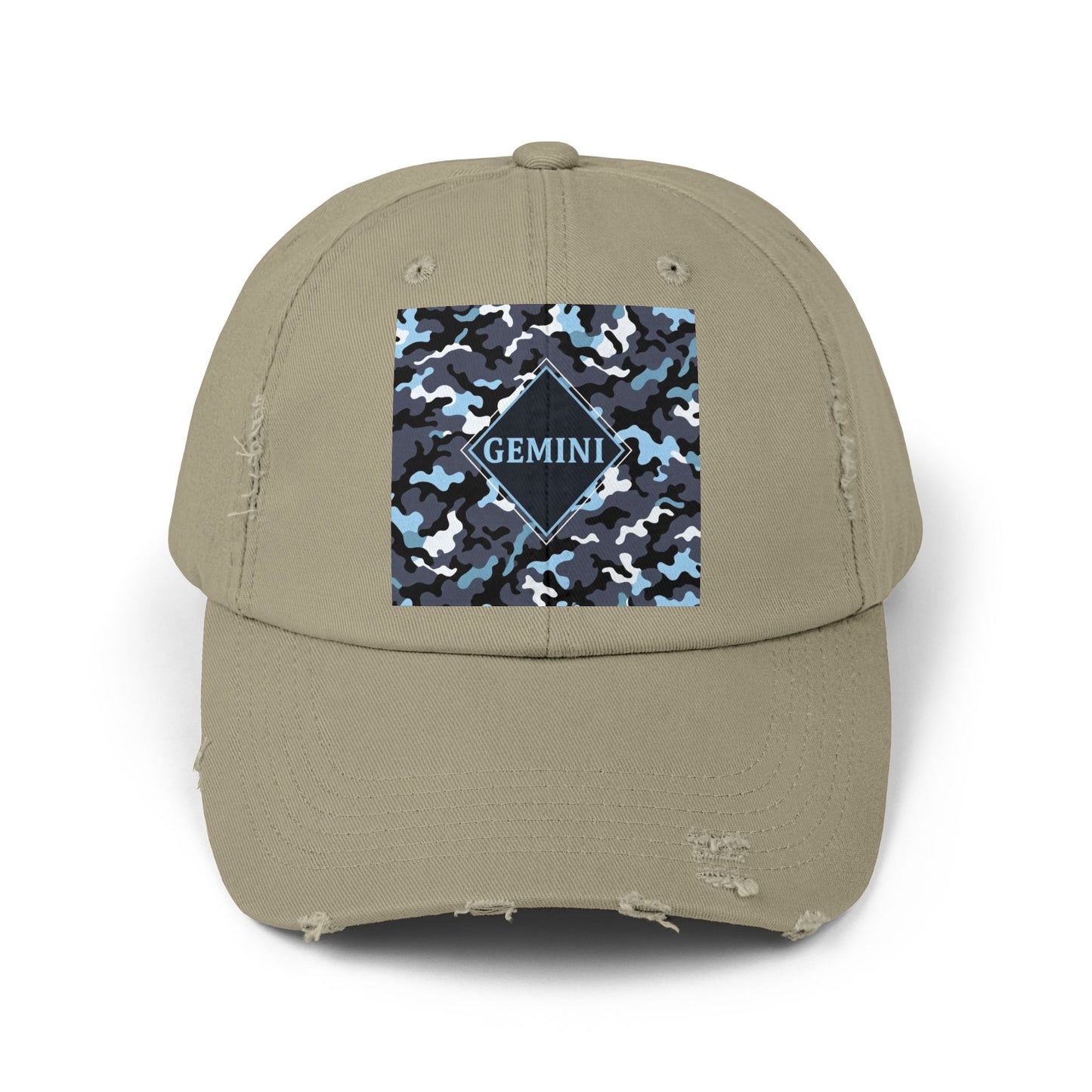 Gemini Distressed Cap - Unisex Camo Design - Black, Grey & Ice Blue