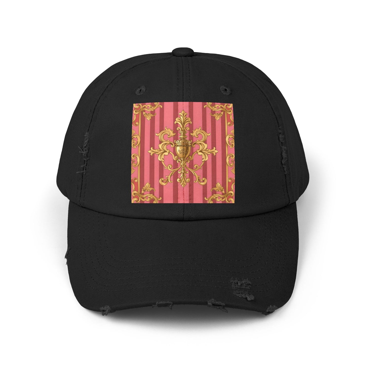 Chic Distressed Unisex Cap - Trendy Accessories for Style Lovers, Everyday Wear, Fashion Statement, Birthday Gift - Pink Striped Gold Baroque