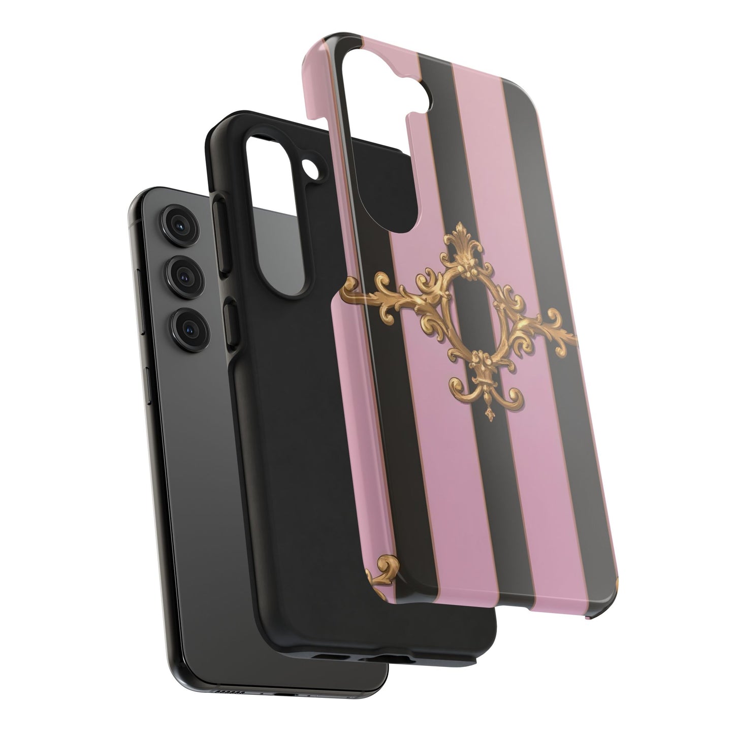 Stylish Tough Phone Case for Elegant Protection, Fashionable Accessories, Smartphone Cover - Matte Lavender & Black Striped Gold Baroque