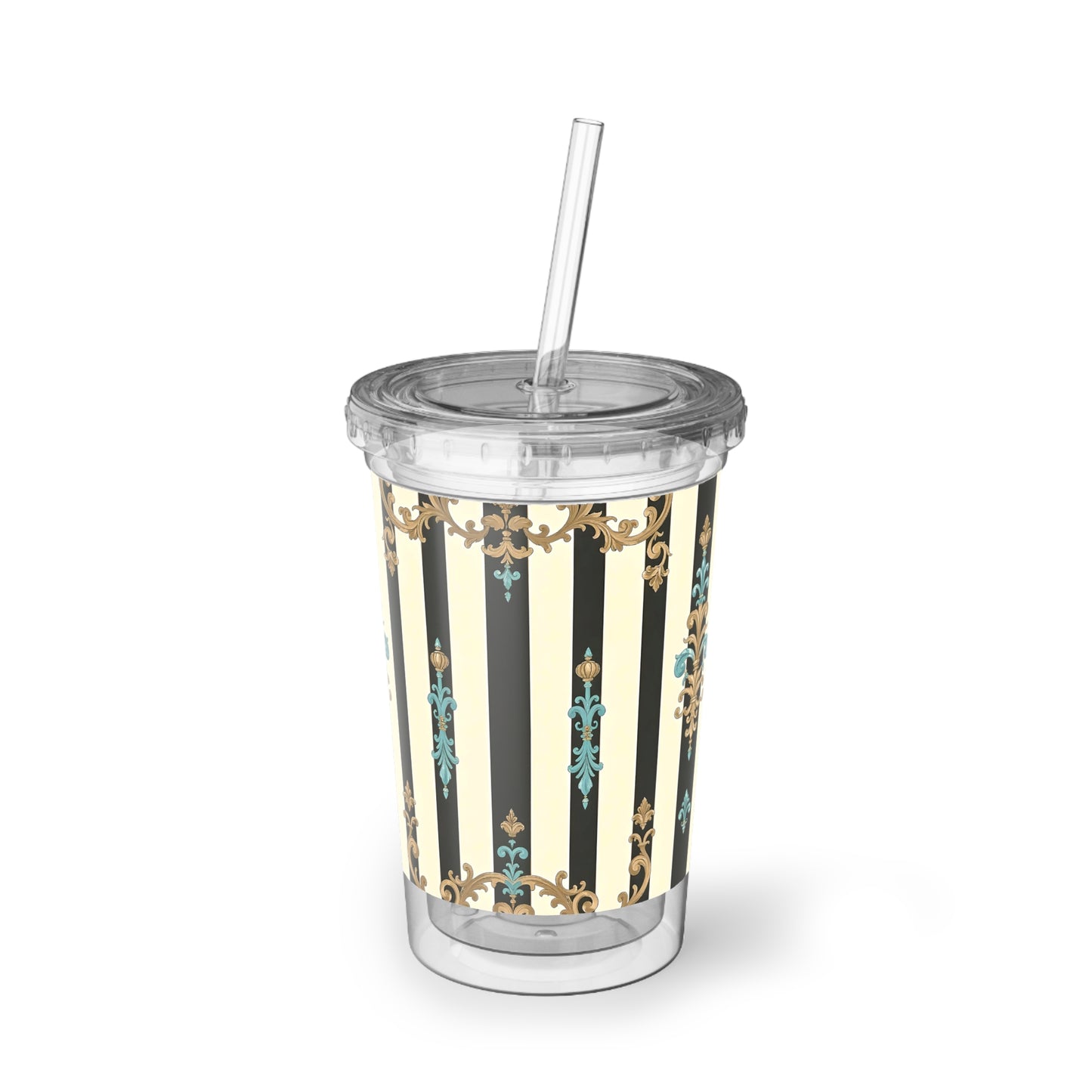 Elegant Insulated Acrylic Cup with Stripes, Stylish Travel Mug, Decorative Drink Container - Black Striped Turquoise & Black Rococo