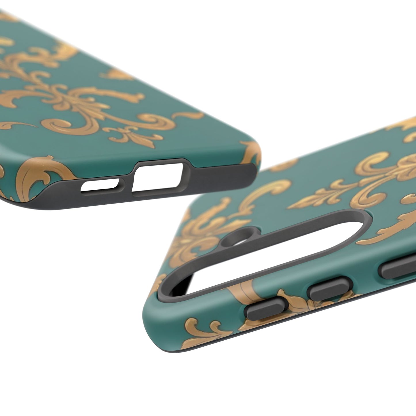 Elegant Floral Motif Phone Case - Tough Cases with Vintage Design - Aqua & Gold Damask