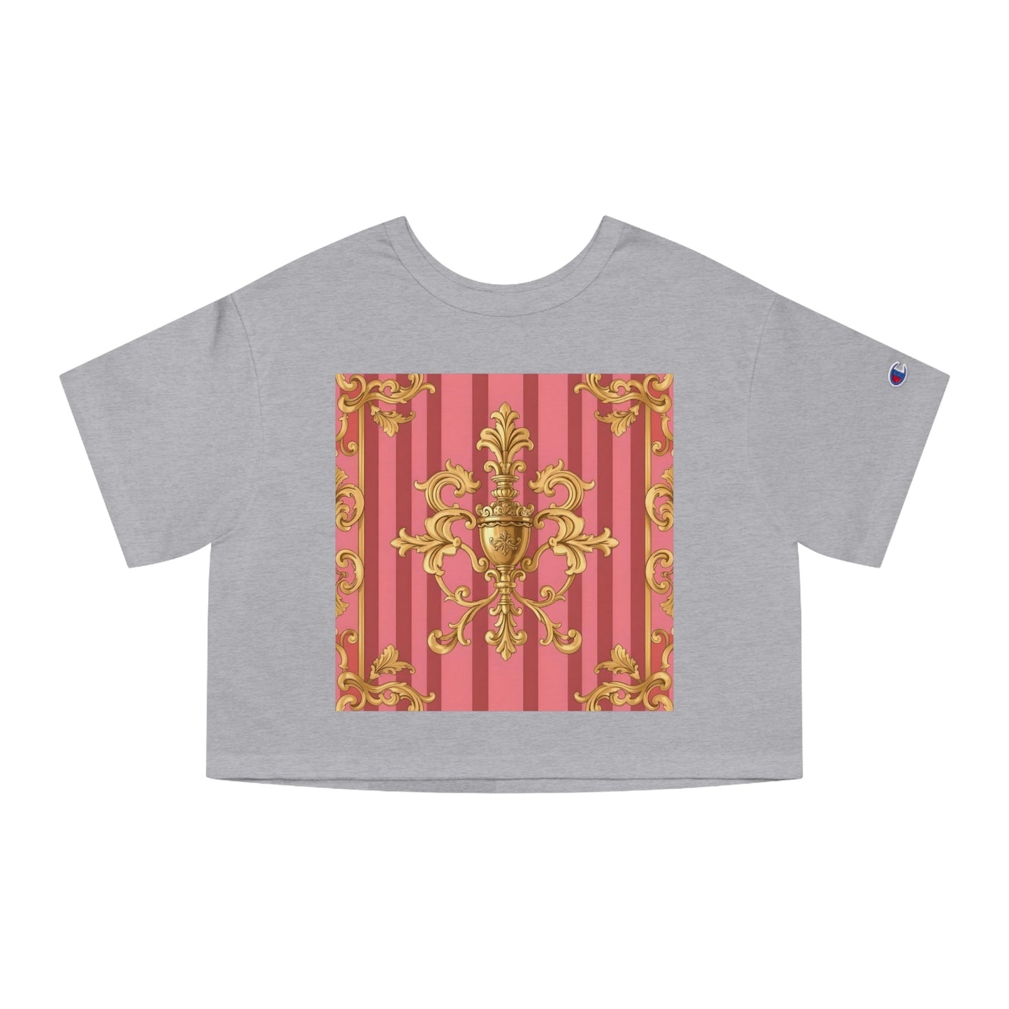 Chic Cropped T-Shirt, Elegant Fashion Top, Vintage Style Tee, Spring/Summer Casual Wear, Trendy Graphic Shirt - Pink Striped Gold Baroque