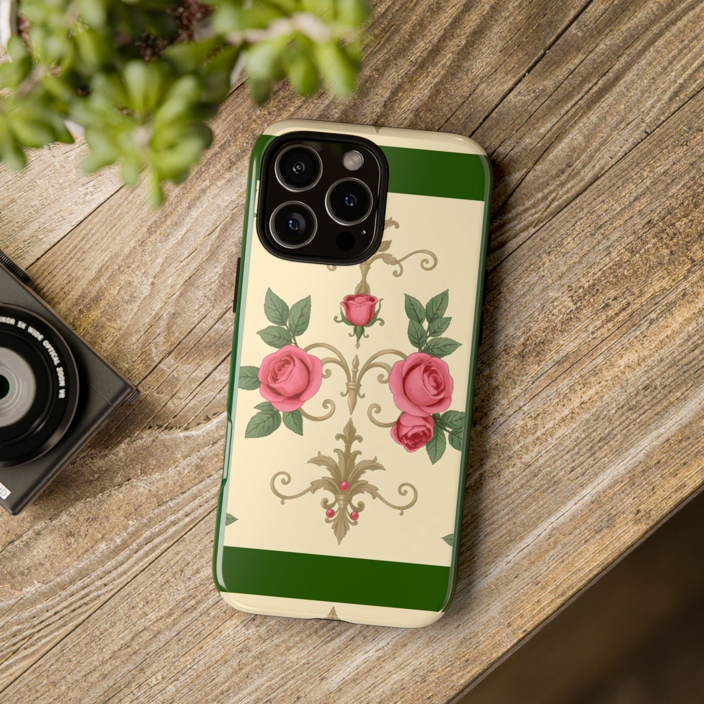 Elegant Floral Motif Phone Case - Tough Cases with Vintage Design - Green Border Roses & Damask