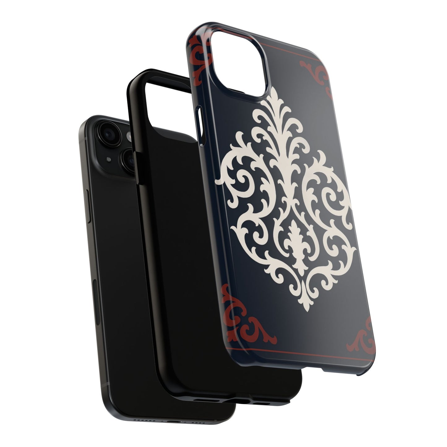 Dusk Blue-Maroon & White Baroque Tough Phone Case — Vintage Scroll Design
