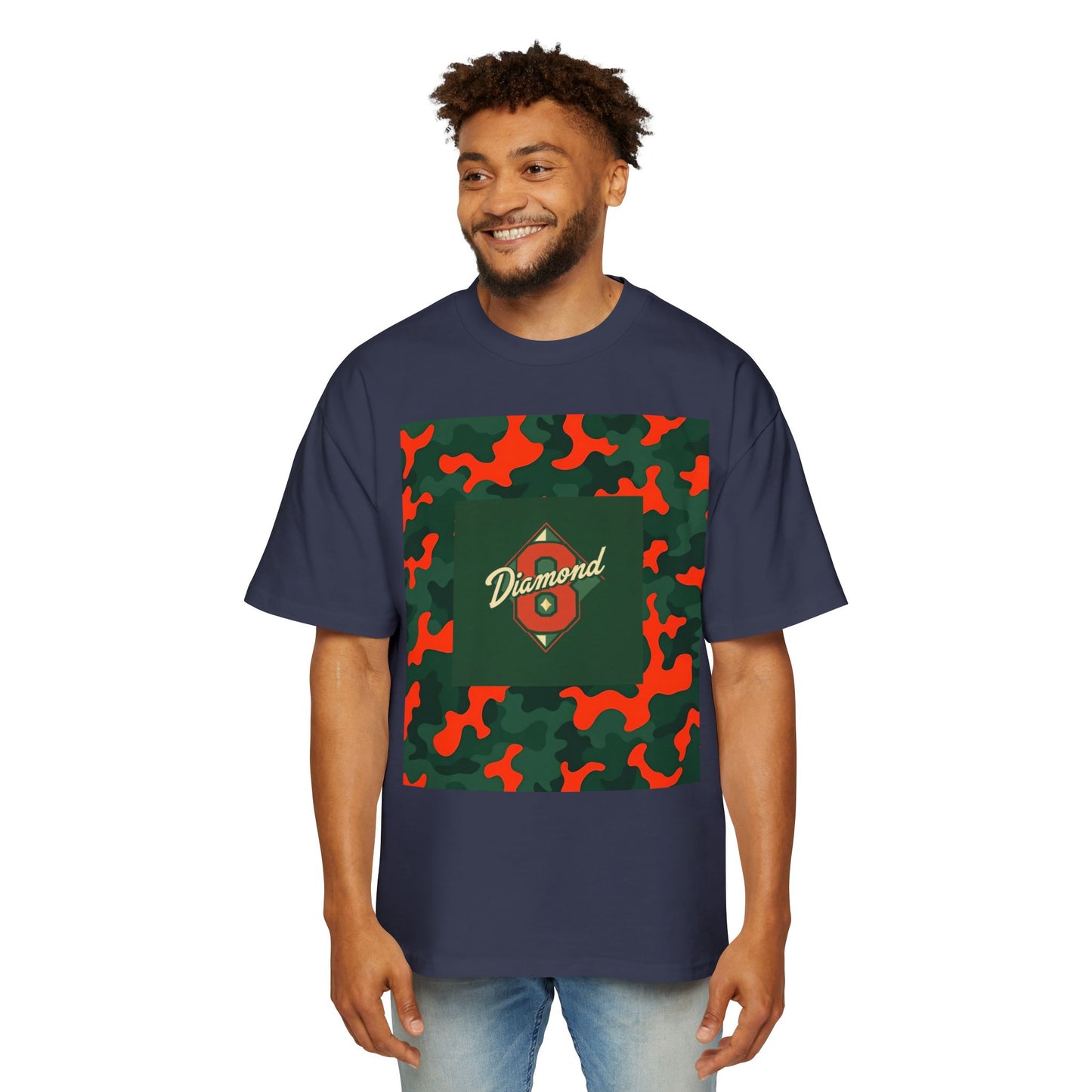 Men's Heavy Oversized Camouflage Tee, Casual Streetwear Shirt, Graphic T-Shirt, Comfortable Everyday Wear, Gift for Him - Green & Orange Camo Diamond 8