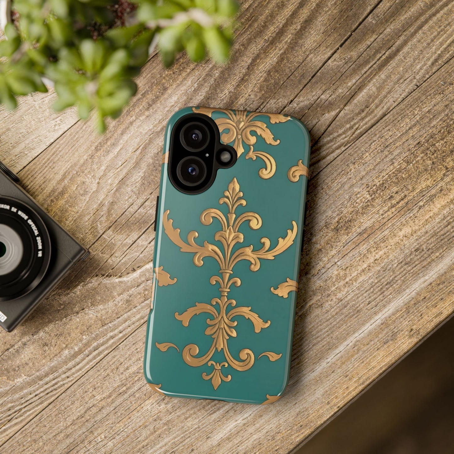 Elegant Floral Motif Phone Case - Tough Cases with Vintage Design - Aqua & Gold Damask