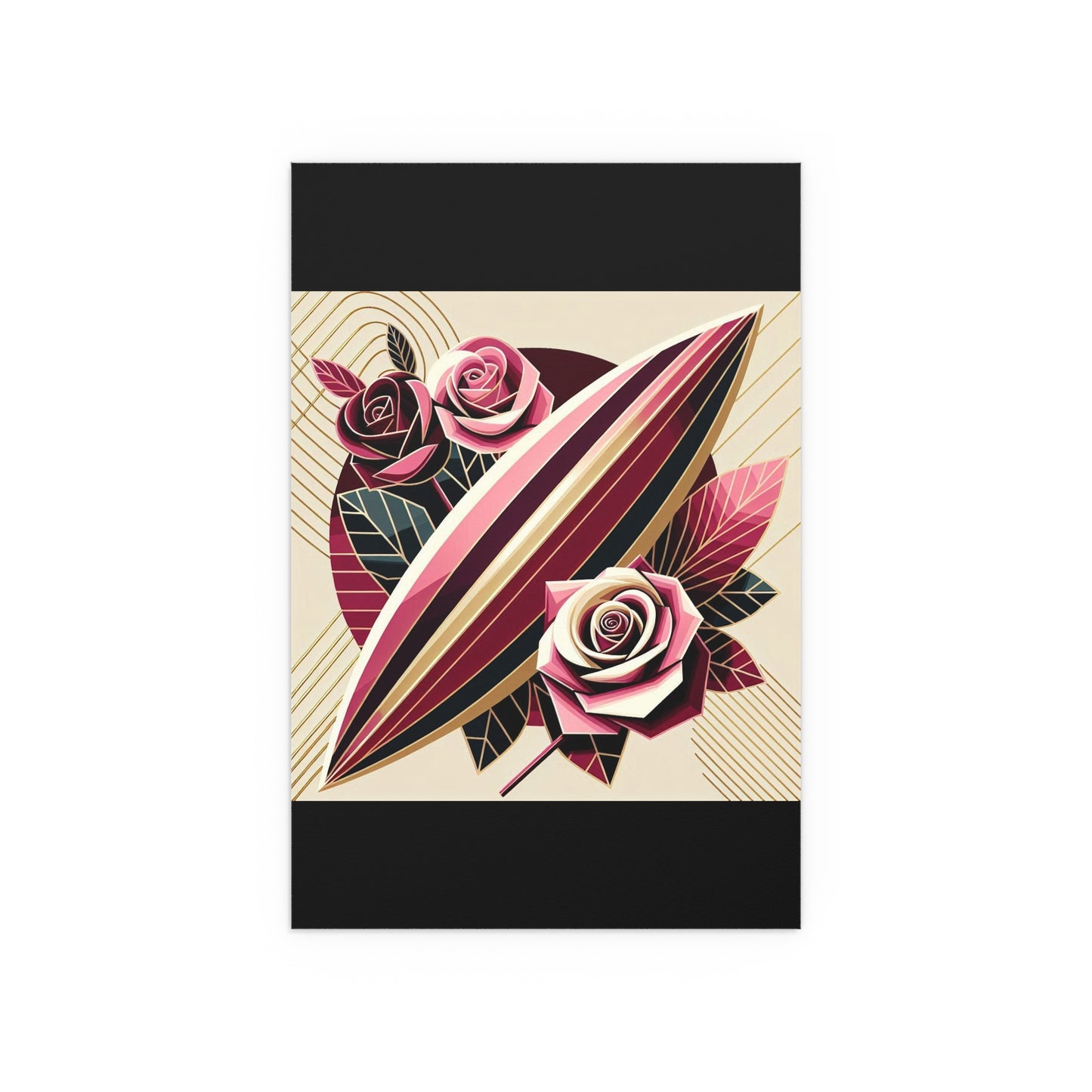 Elegant Floral Silk Poster - Indoor/Outdoor Wall Art for Home Decor - Pink & Burgundy Striped Surfboard & Roses