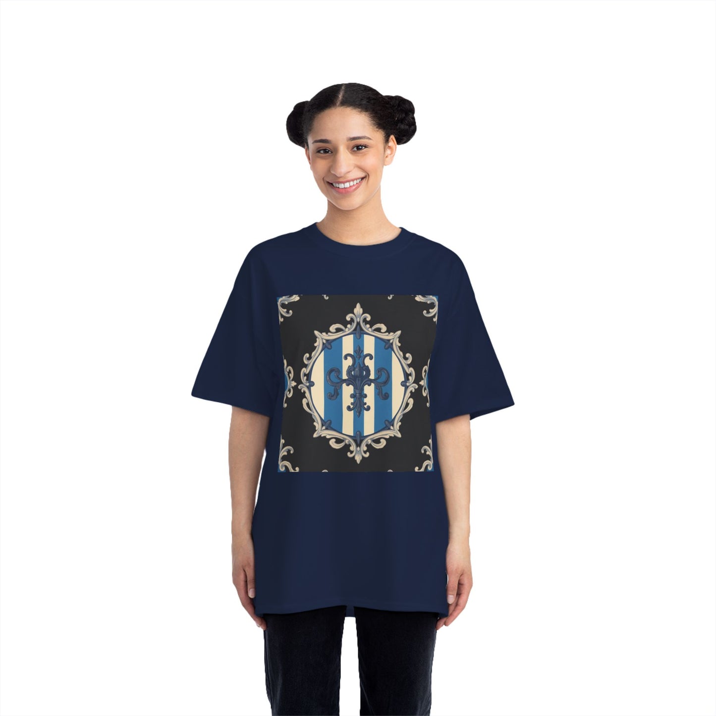 Elegant Blue & Alabaster Striped Baroque Short-Sleeve T-Shirt | Vintage Style, Graphic Tee, Casual Wear, Unisex Gift, Unique Design