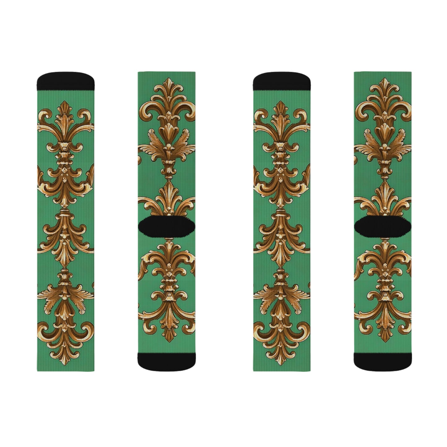 Elegant Gold Floral Pattern Sublimation Socks | Stylish, Comfortable & Perfect for any Occasion - Rust & Green Striped Baroque