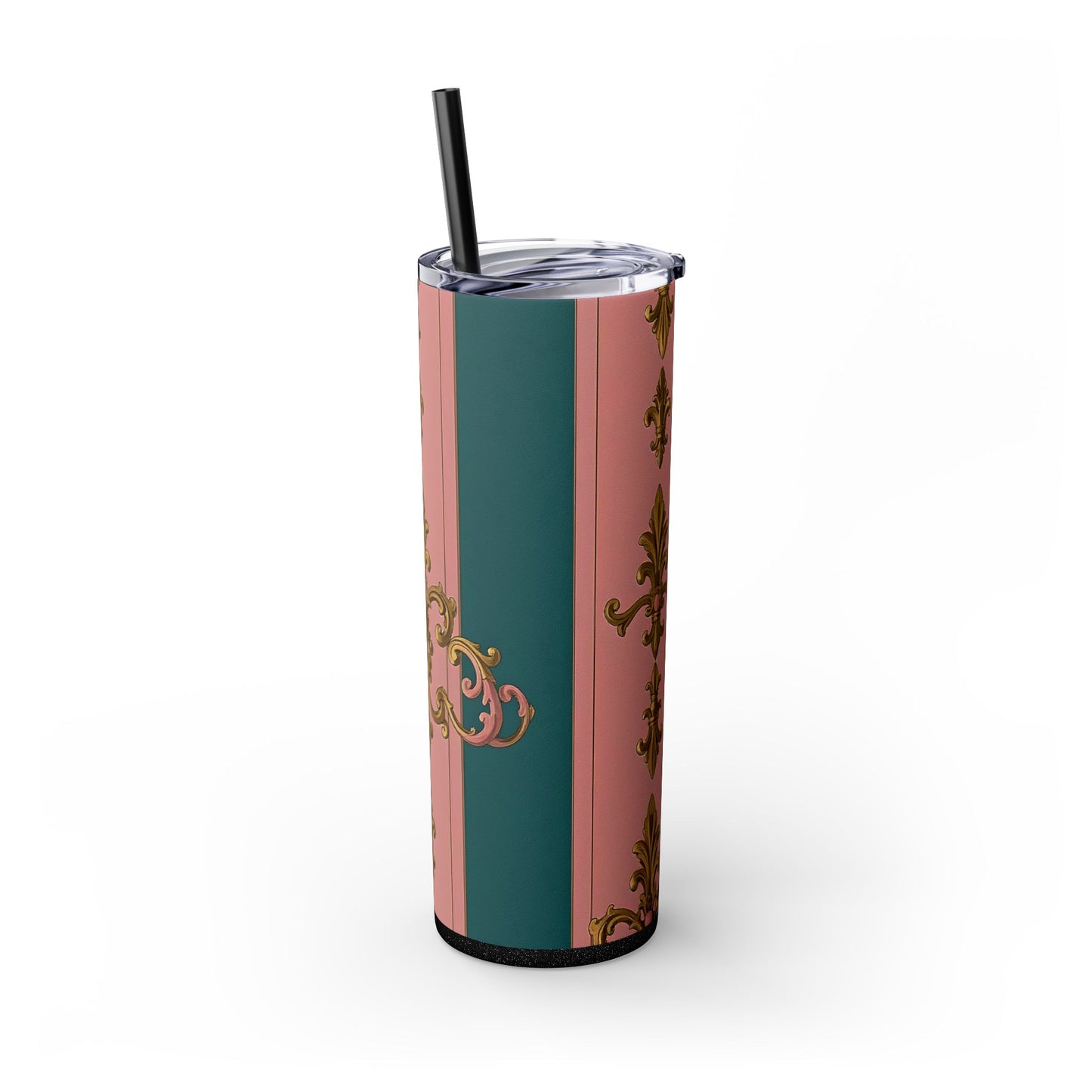 Elegant Pink and Green Skinny Tumbler with Straw, 20oz - Ideal for Gifts, Travel, Home, Events - Pink & Teal Striped Gold Baroque