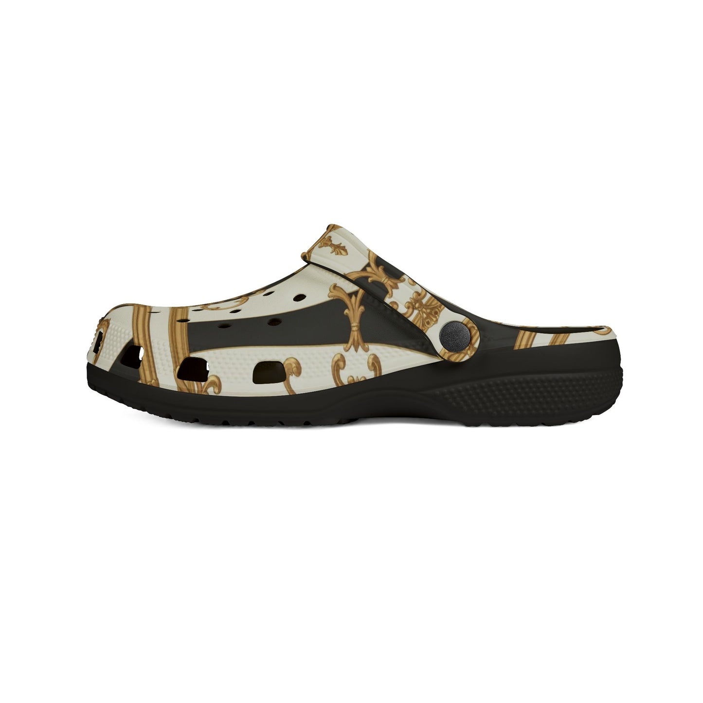 Chic EVA Foam Rubber Clogs, Stylish Gardening Shoes, Unique Pattern Slippers, Trendy Indoor/Outdoor Footwear - Black & White Striped Gold Baroque