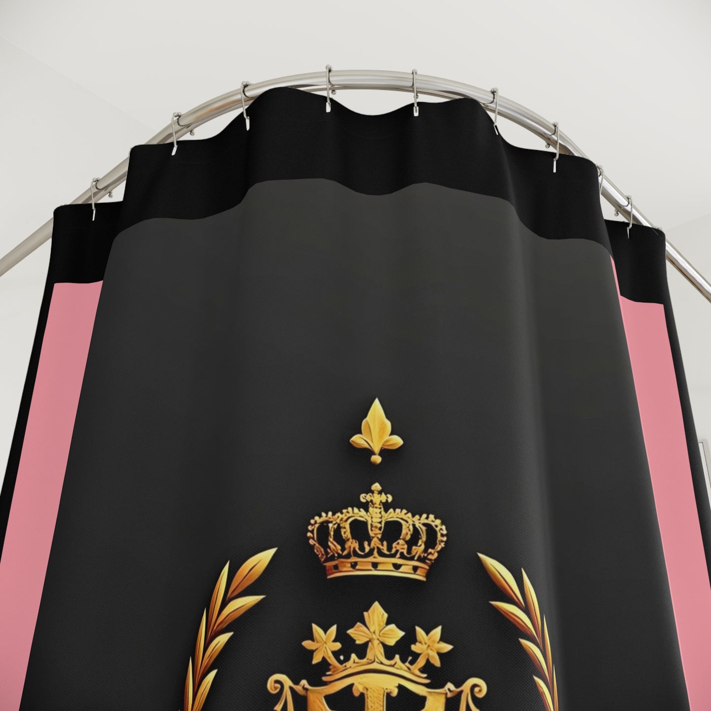 Elegant Crown Shower Curtain with Royal Motif, Chic Bathroom Decor, Luxury Home Accessories, Wedding Gift, Housewarming - Pink Striped Gold Crest