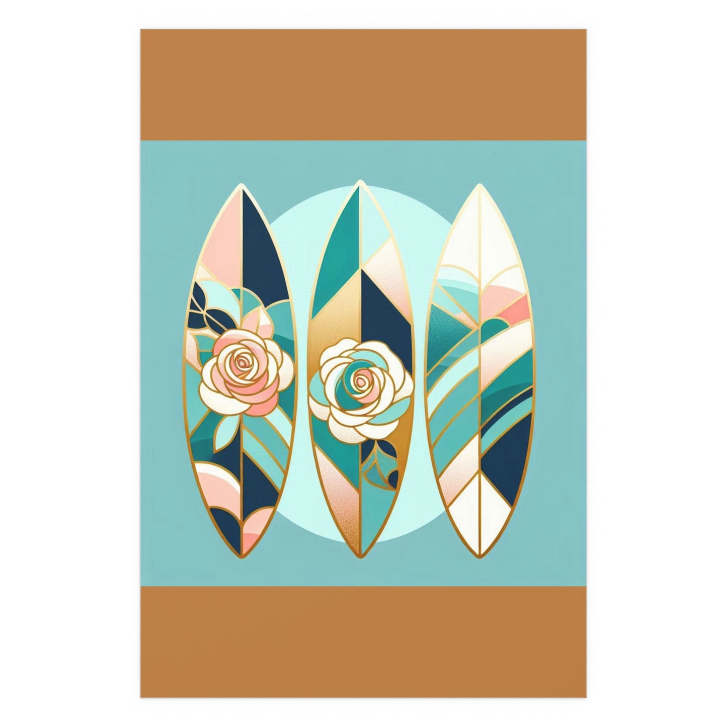 Elegant Floral Silk Poster - Indoor/Outdoor Wall Art for Home Decor - Blue, Pink & Aqua Surfboard & Roses