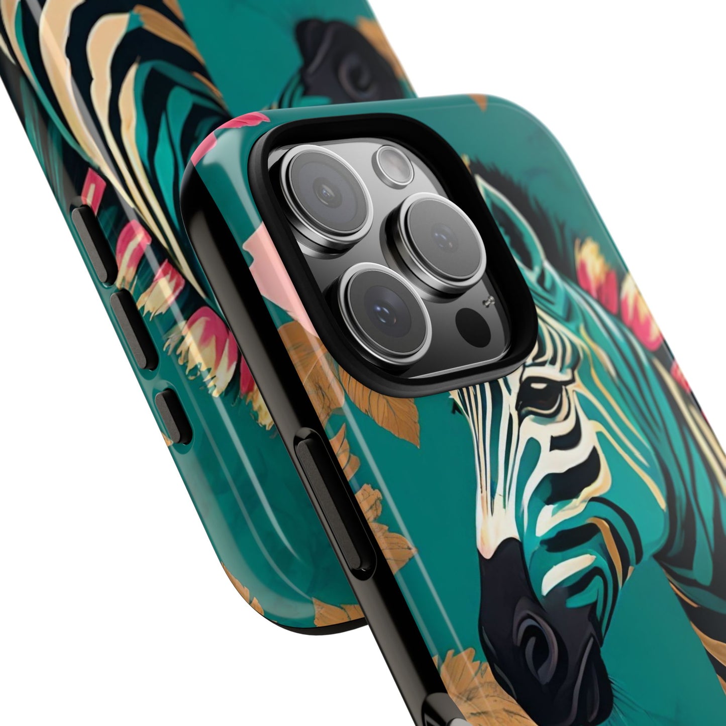 Phone Case - Elegant Teal & Gold Zebra & Roses Design