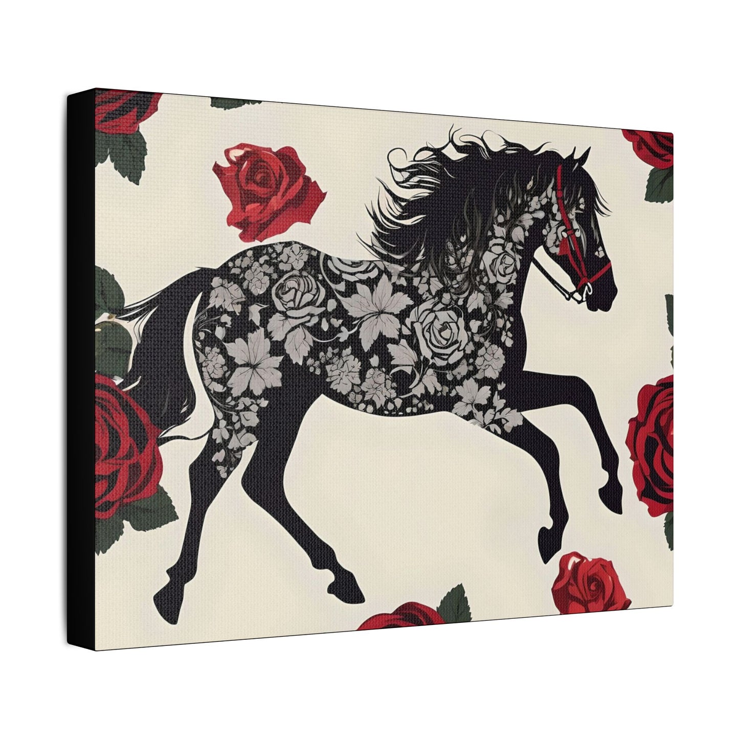 Art Print Canvas, Wall Decor, Satin Stretched Canvas, Equestrian Art, Office Decor, Home Decor - Horse & Roses
