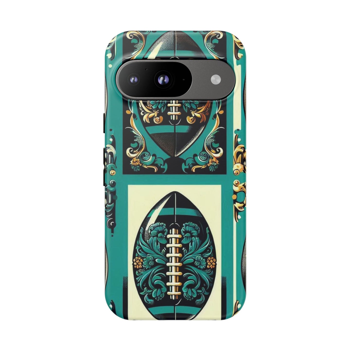 Elegant Floral Motif Phone Case - Tough Cases with Vintage Design -  Damask Teal, Gold & Black Footballs