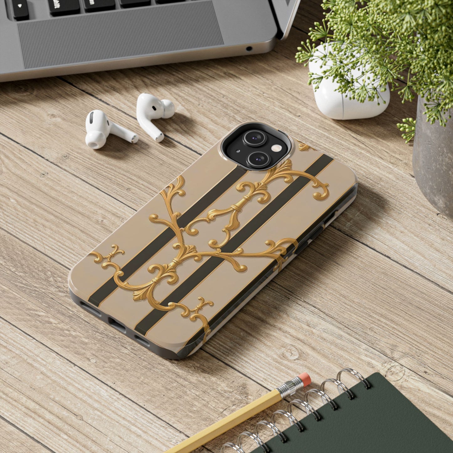 Elegant Vintage Tough Phone Case, Stylish Phone Cover, Boho Accessories, Perfect Gift for Her - Beige Striped Gold Rococo