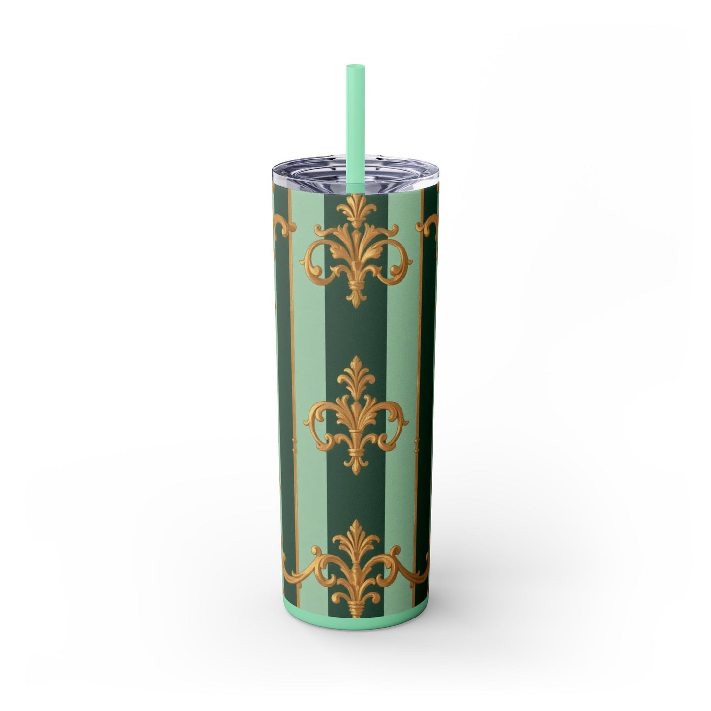 Elegant Floral Skinny Tumbler with Straw, 20oz – Stylish Travel Mug, Eco-Friendly Reusable Cup - Mint Green & Teal Striped Gold Baroque