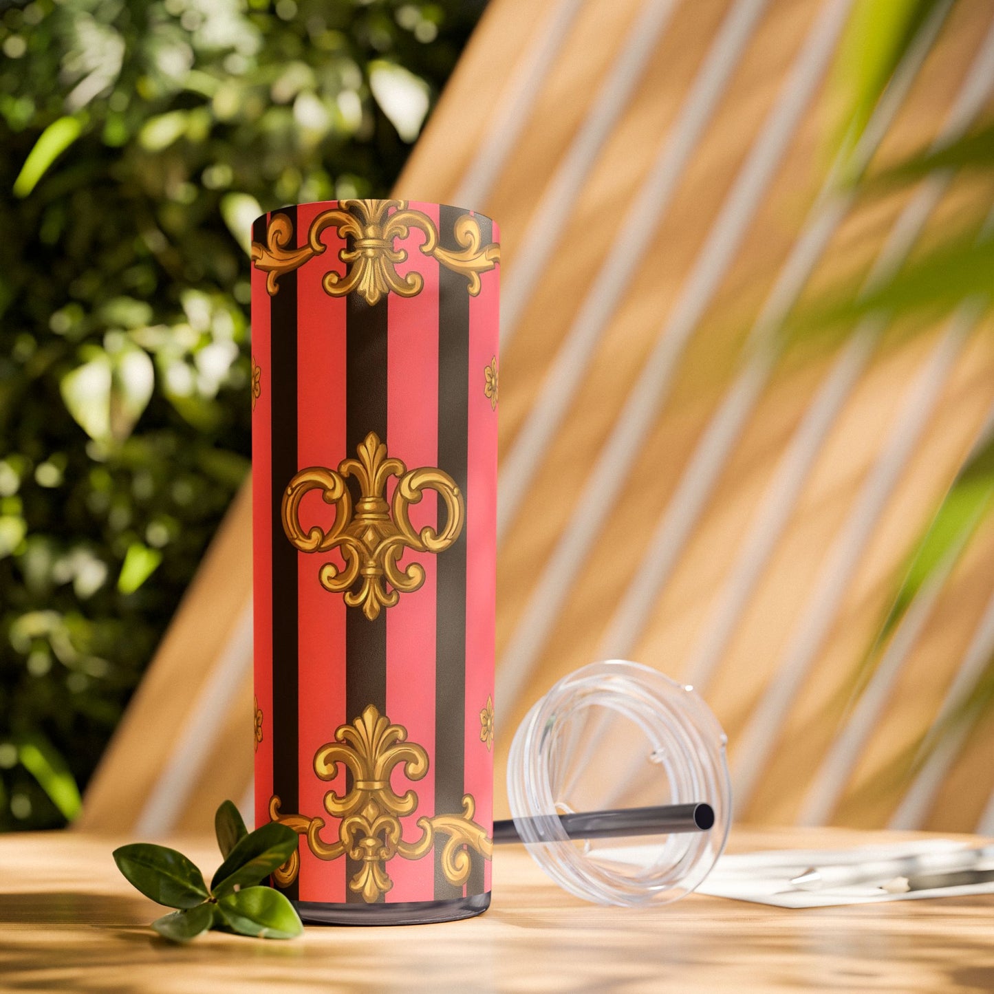 Chic Pink Striped Skinny Tumbler, 20oz | Elegant Travel Mug, Perfect Gift for Birthdays - Pink & Black Striped Gold Baroque
