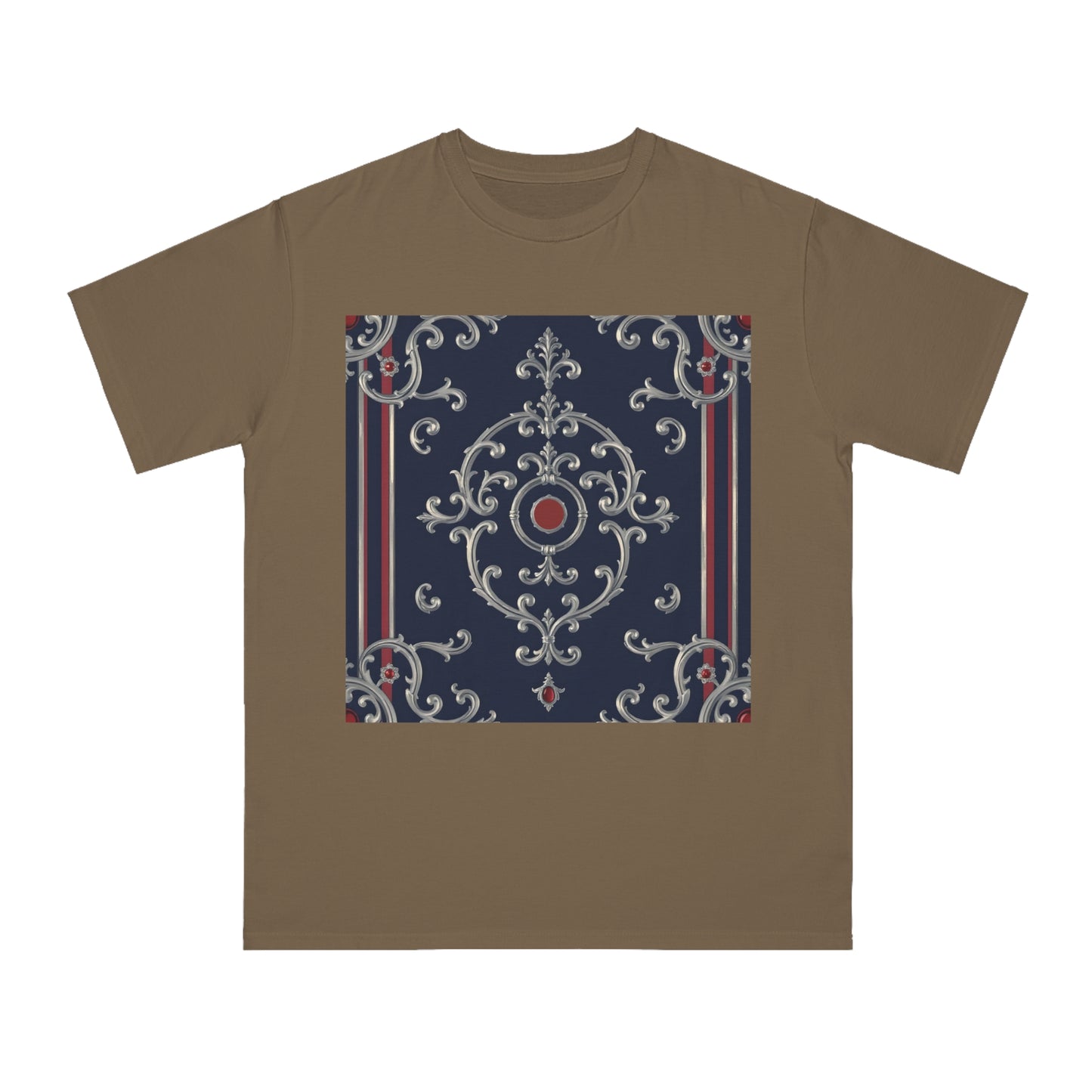 Vintage Pattern Organic Unisex T-Shirt | Baroque Style Tee, Casual Wear, Unique Gift, Eco-Friendly Fashion - Blue & Red Striped Silver Baroque