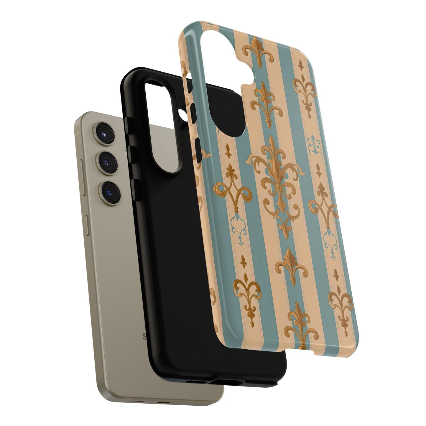 Elegant Floral Motif Phone Case - Tough Cases with Vintage Design -  Beige & Sky Blue Striped Gold Damask