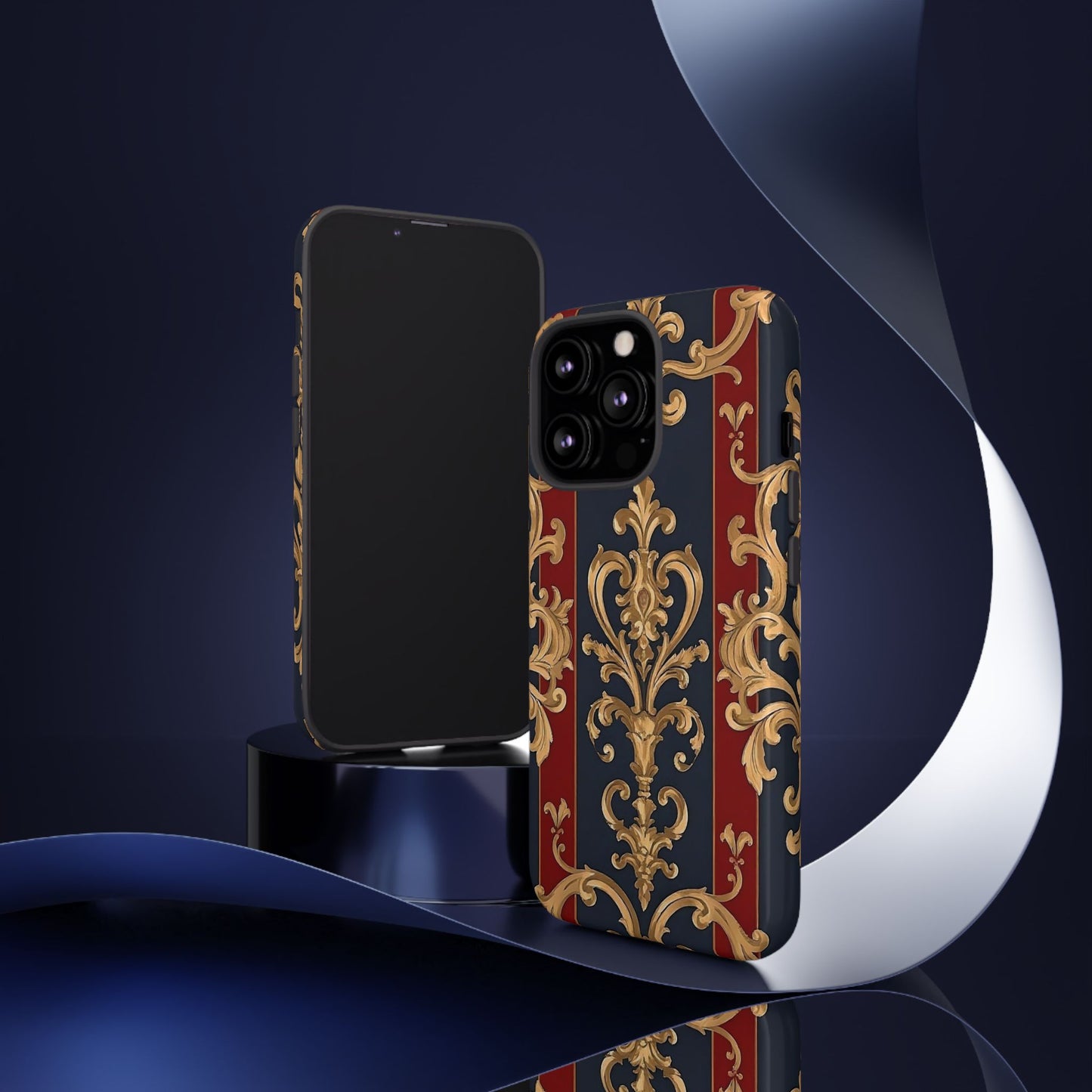 Elegant Floral Motif Phone Case - Tough Cases with Vintage Design - Midnight Blue & Dusk Red Striped Gold Damask
