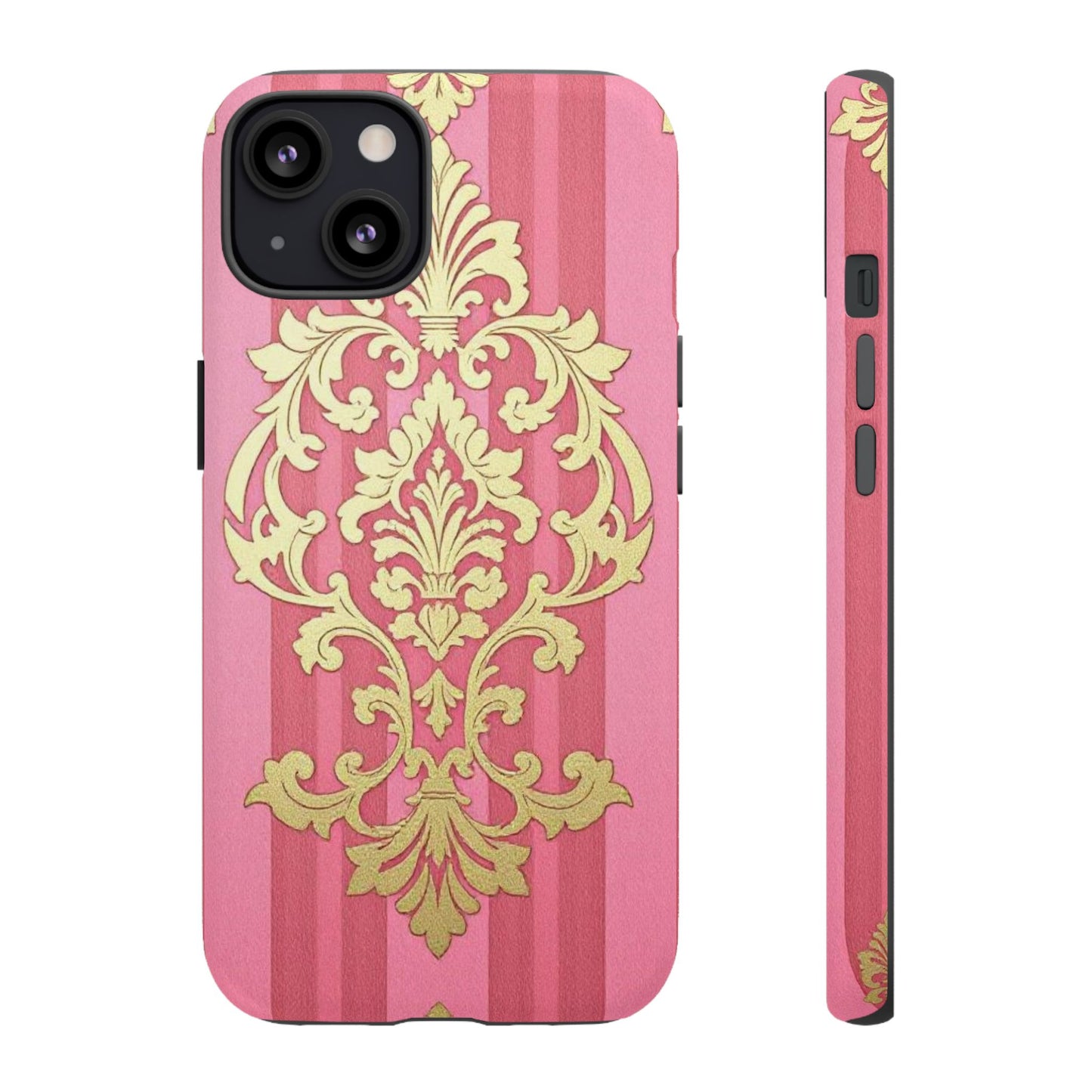 Elegant Floral Motif Phone Case - Tough Cases with Vintage Design - Pink Striped Damask