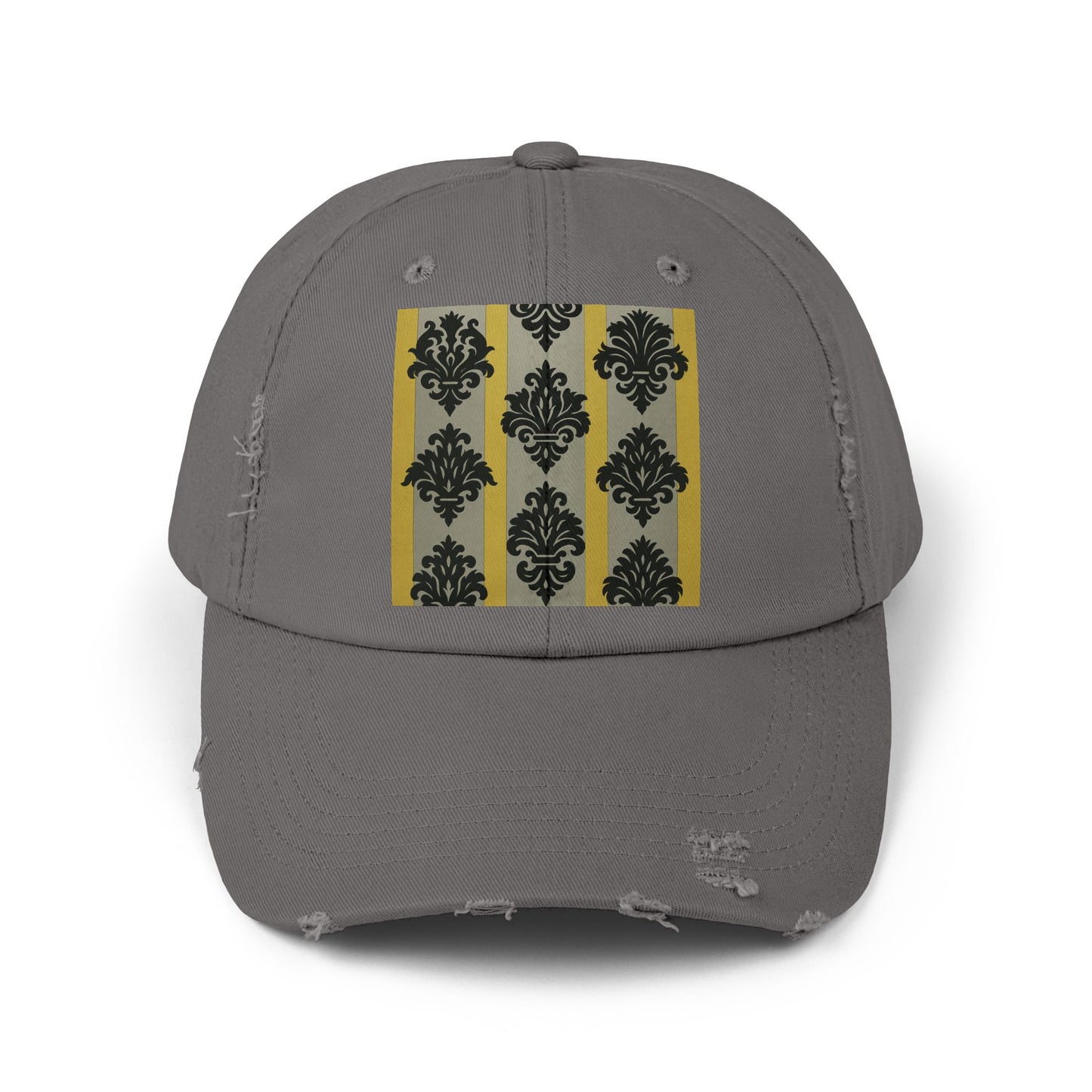 Stylish Distressed Cap, Trendy Black Hat for Fashion Lovers, Unisex Casual Accessory, Perfect Gift for Birthdays - Silver & Gold Striped Black Baroque