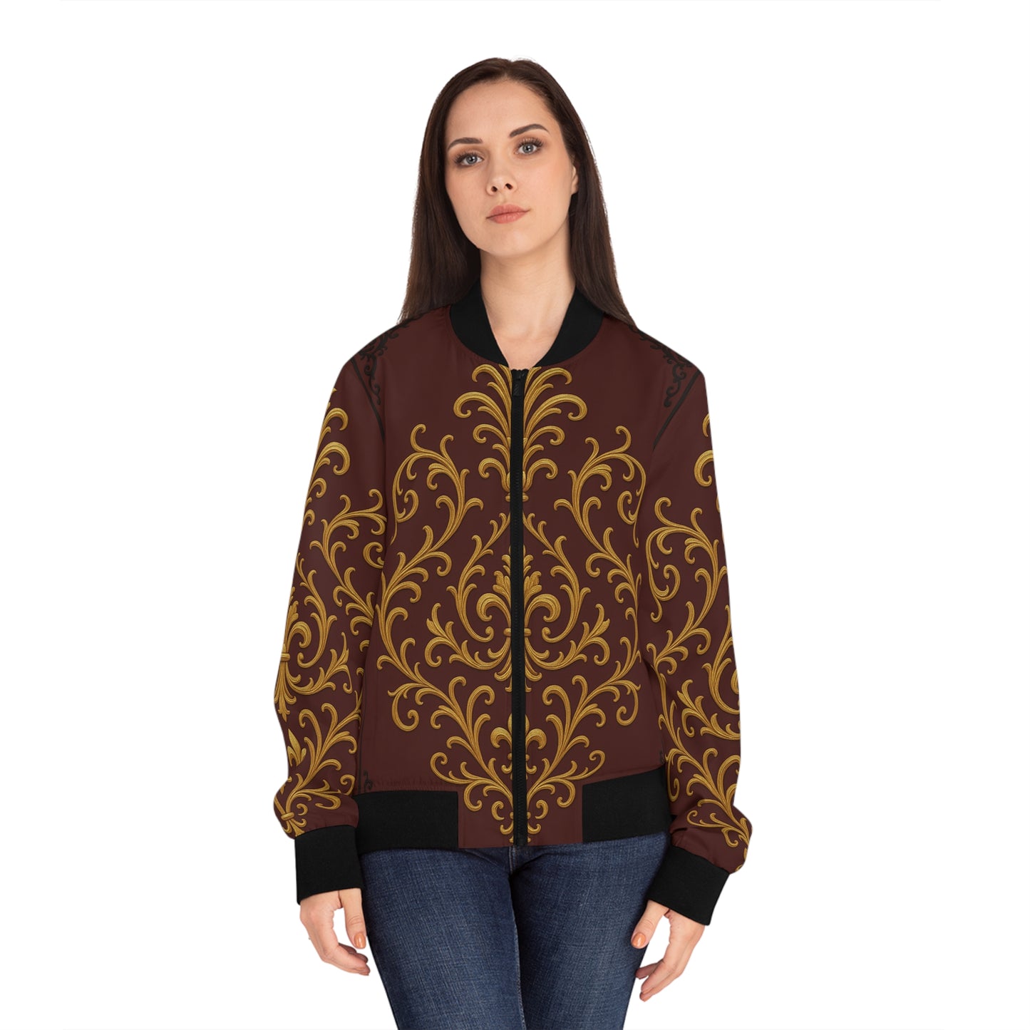 Dusk Burgundy-Black & Gold Baroque Women's Bomber Jacket — Baroque Gold Scroll All-Over Print