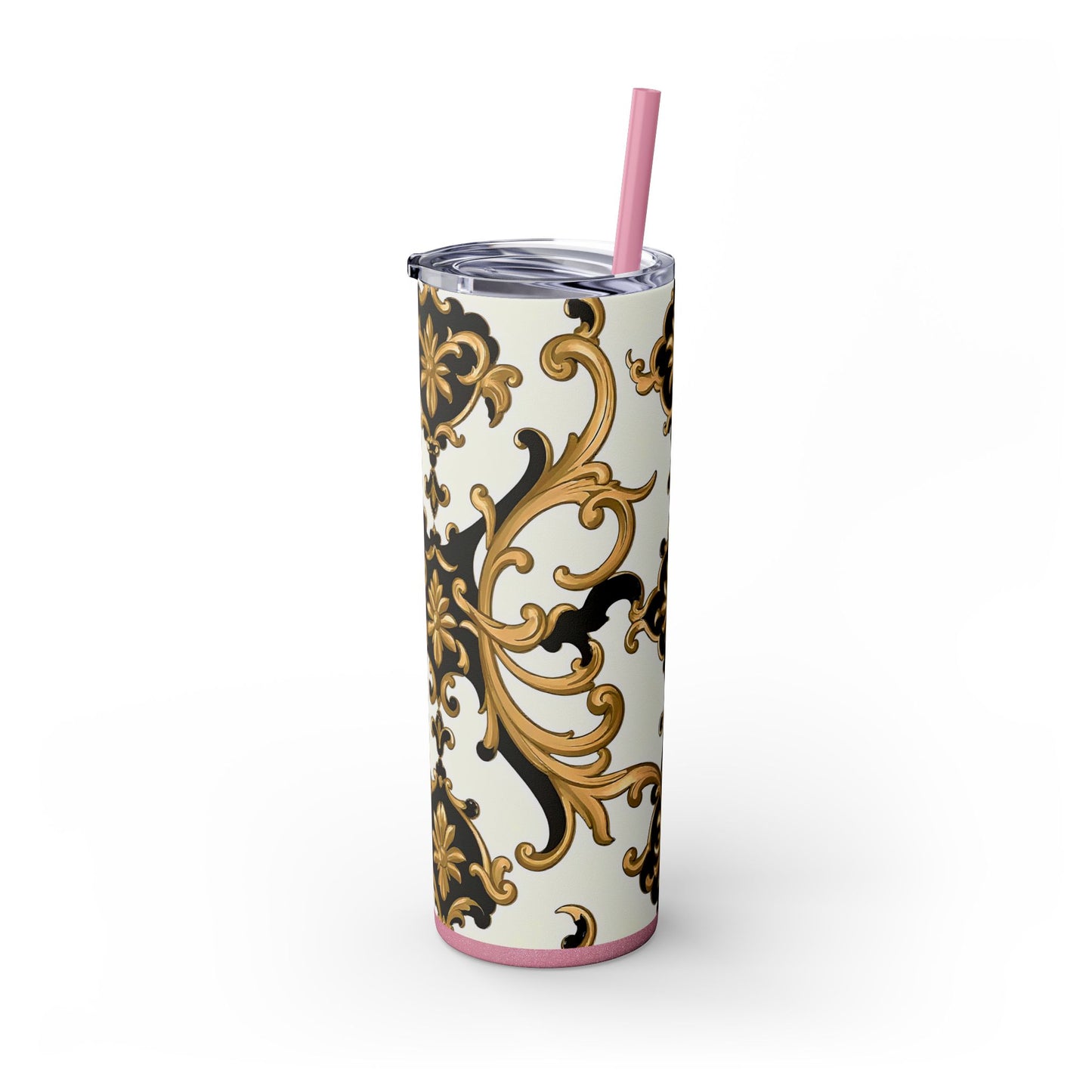 Elegant Gold Floral Skinny Tumbler, 20oz | Insulated Cup for Hot & Cold Drinks, Travel Mug, Gift for Mom, Stylish Drinkware - Black & Gold Rococo