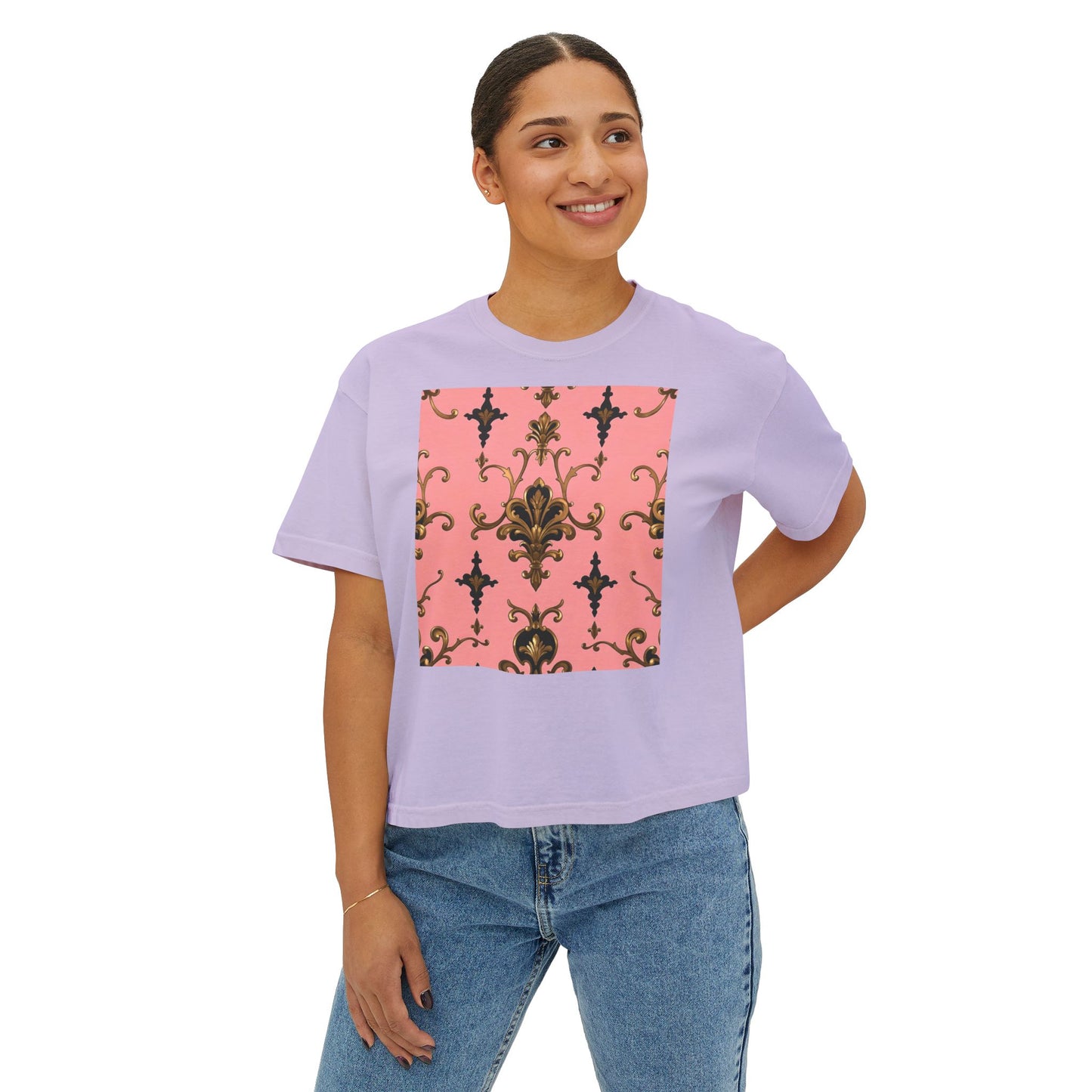 Vintage Floral Women's Boxy Tee, Casual Summer Top, Retro Fashion, Gifts for Her - Pink, Black & Gold Rococo