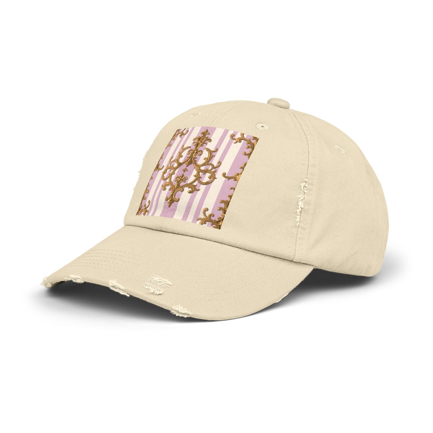 Chic Distressed Cap with Elegant Design | Trendy Accessory, Gift for Fashion Lovers, Perfect for Casual Outings - Lilac & Alabaster Striped Gold Baroque