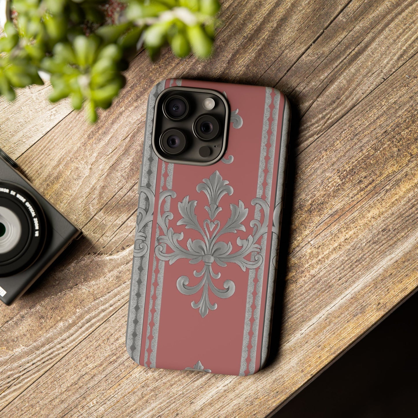 Elegant Floral Phone Case - Tough Cases for Stylish Protection - Gray & Mauve Striped Baroque