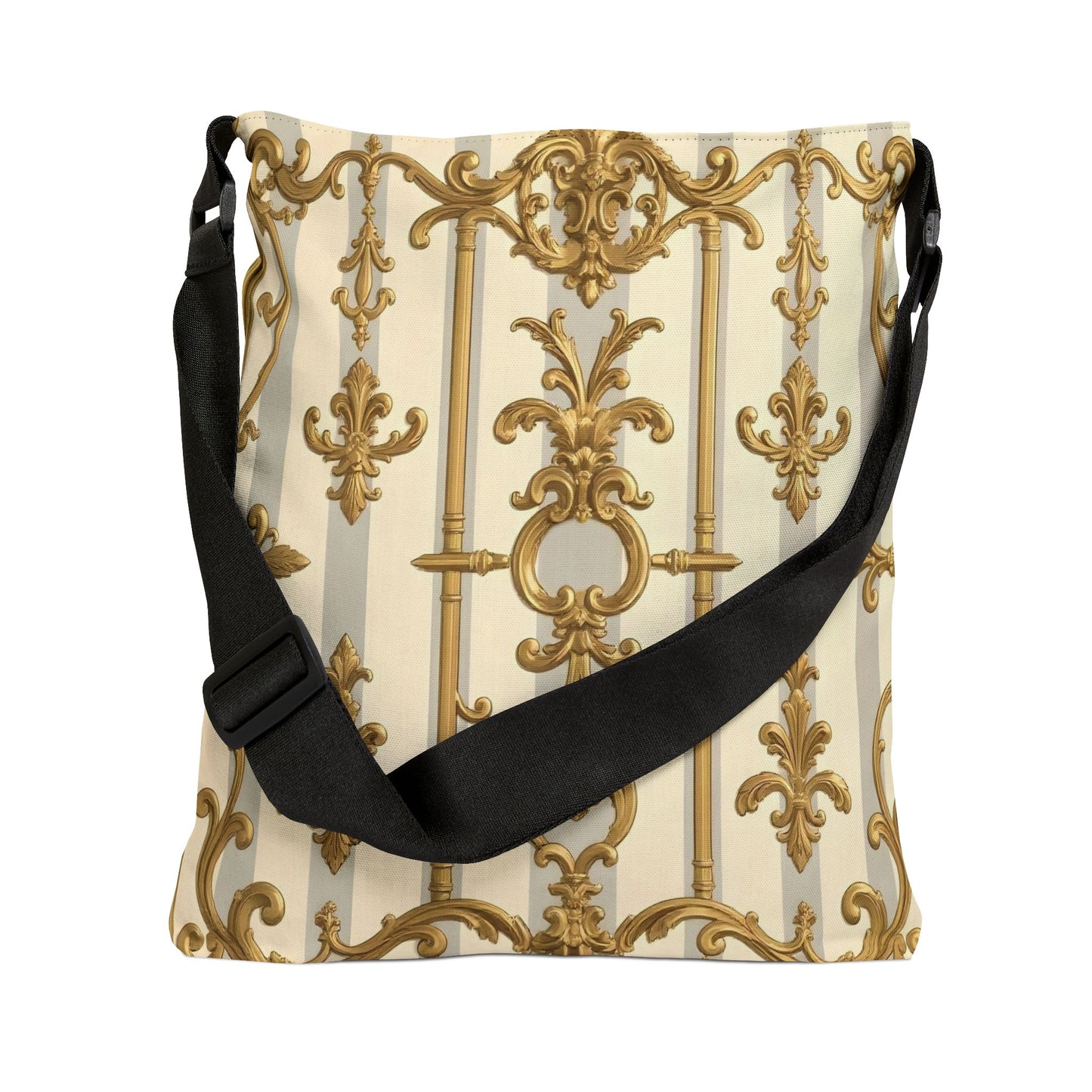 Elegant Gold Pattern Adjustable Tote Bag, Fashion Handbag, Travel Tote, Gift for Her, Everyday Use - Matte Gray & Cream Striped Gold Baroque