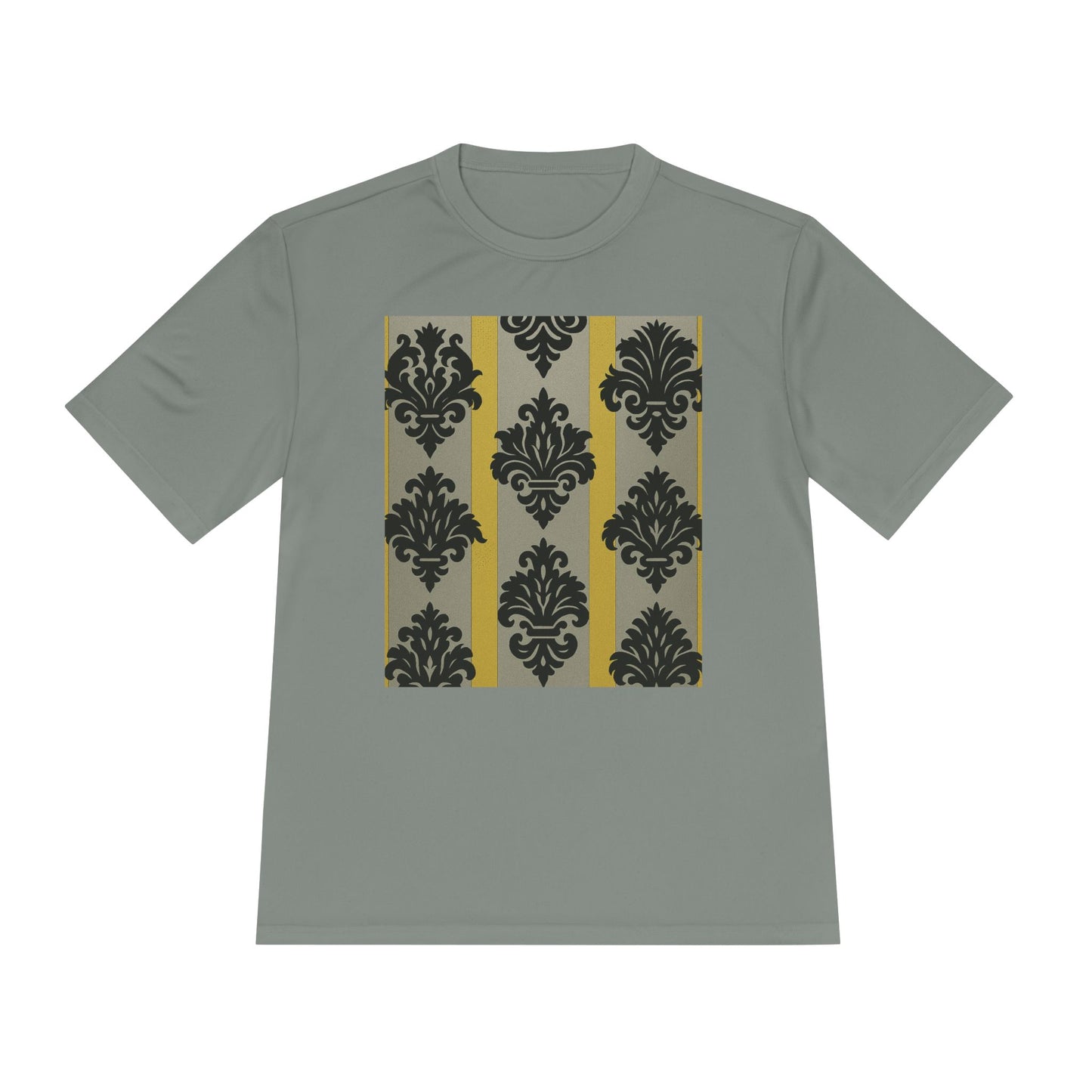 Elegant Patterned Unisex Moisture Wicking Tee, Activewear, Casual Tee, Gift for Him/Her, Stylish Sportswear - Silver & Gold Striped Black Baroque