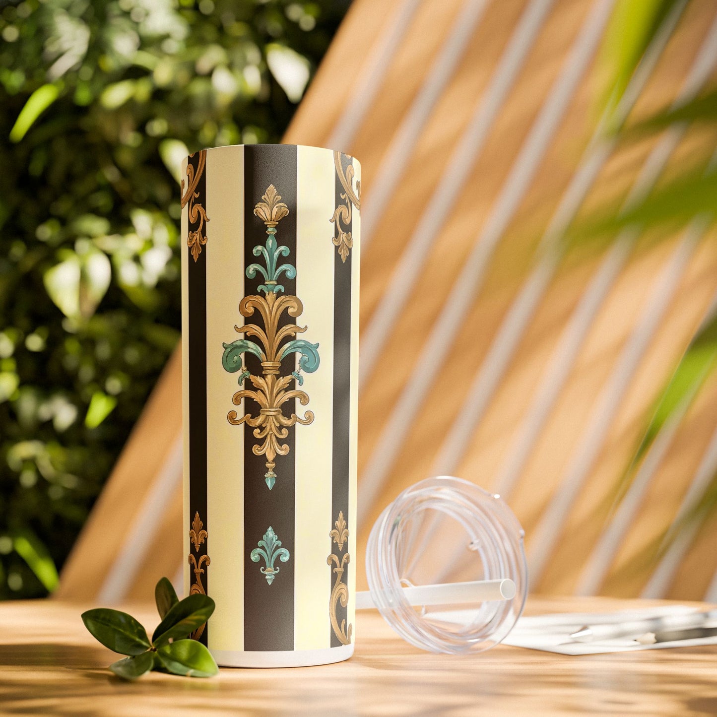 Elegant Stripe Skinny Tumbler | 20oz | Ideal Gift for Home, Office, Travel, Party, or Everyday Use - Black Striped Turquoise & Black Rococo