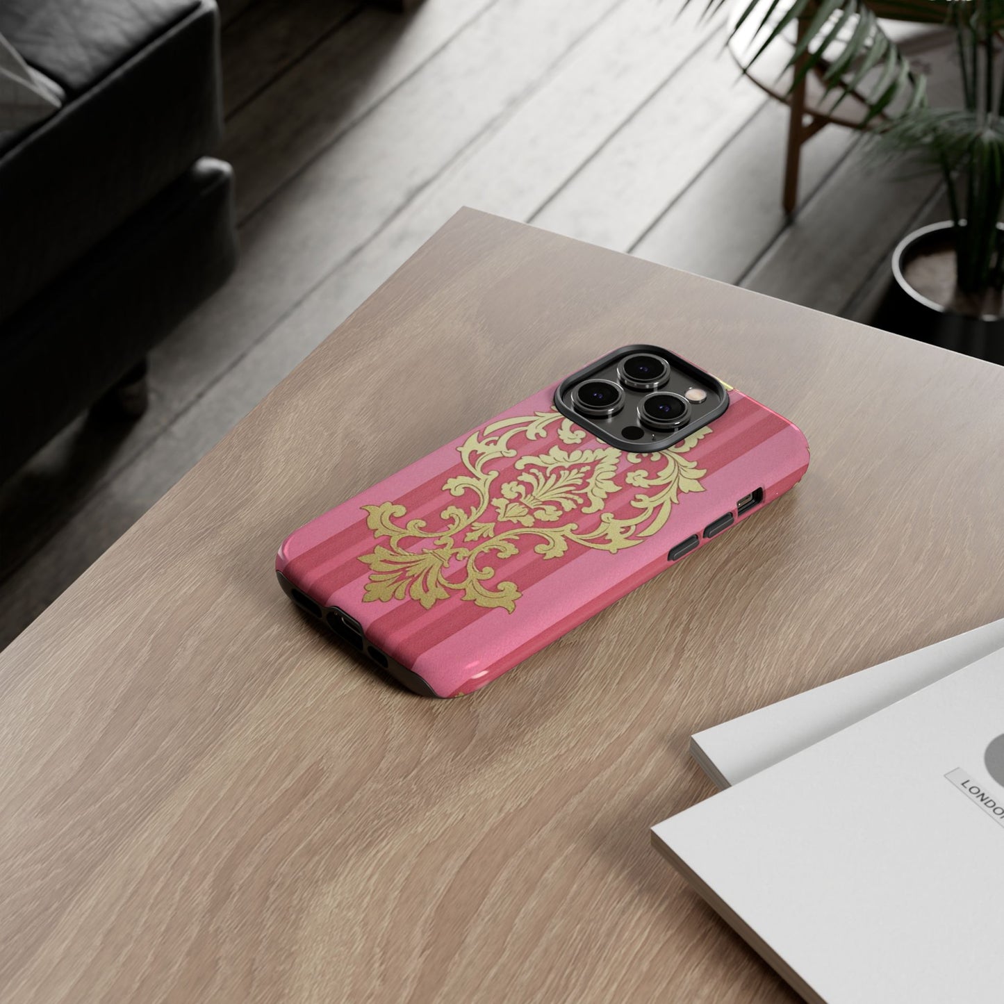 Elegant Floral Motif Phone Case - Tough Cases with Vintage Design - Pink Striped Damask