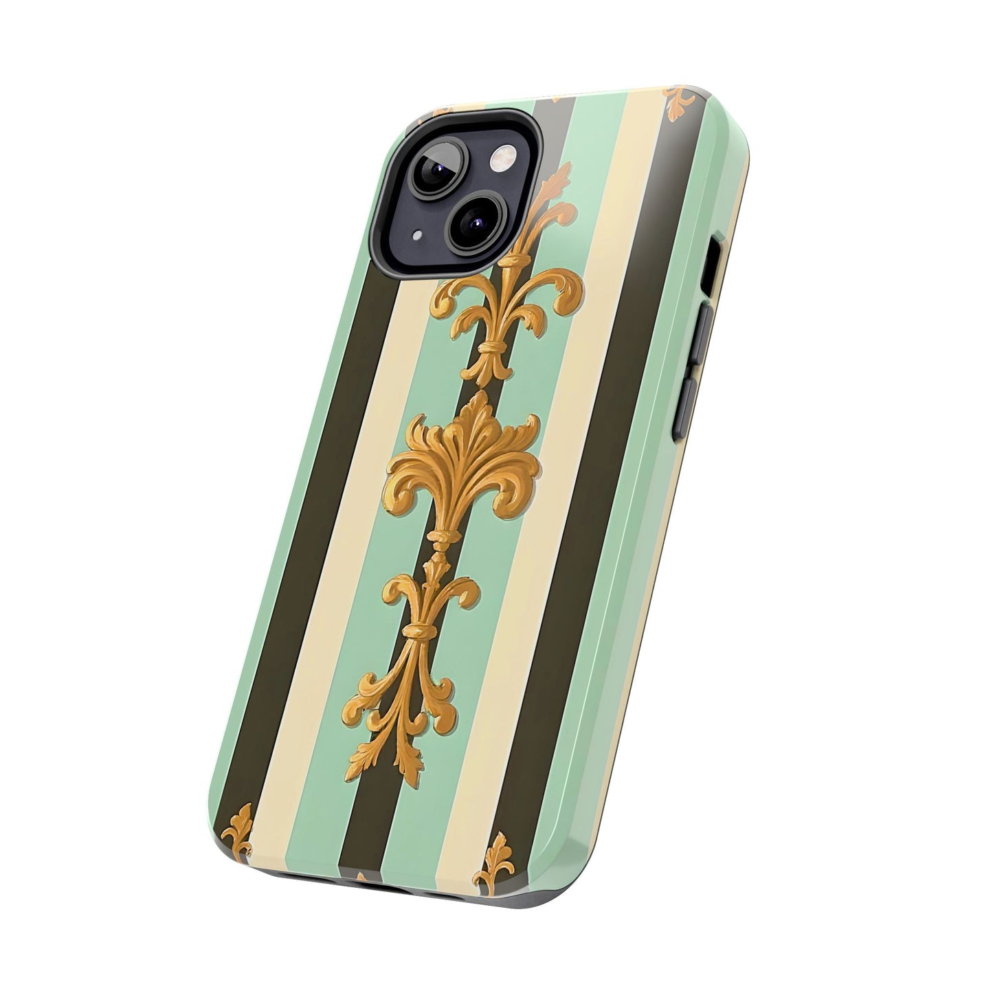 Elegant Floral Tough Phone Cases - Stylish Protection for All Occasions, Gifts for Her, Phone Covers - Black & Matte Mint Striped Rococo