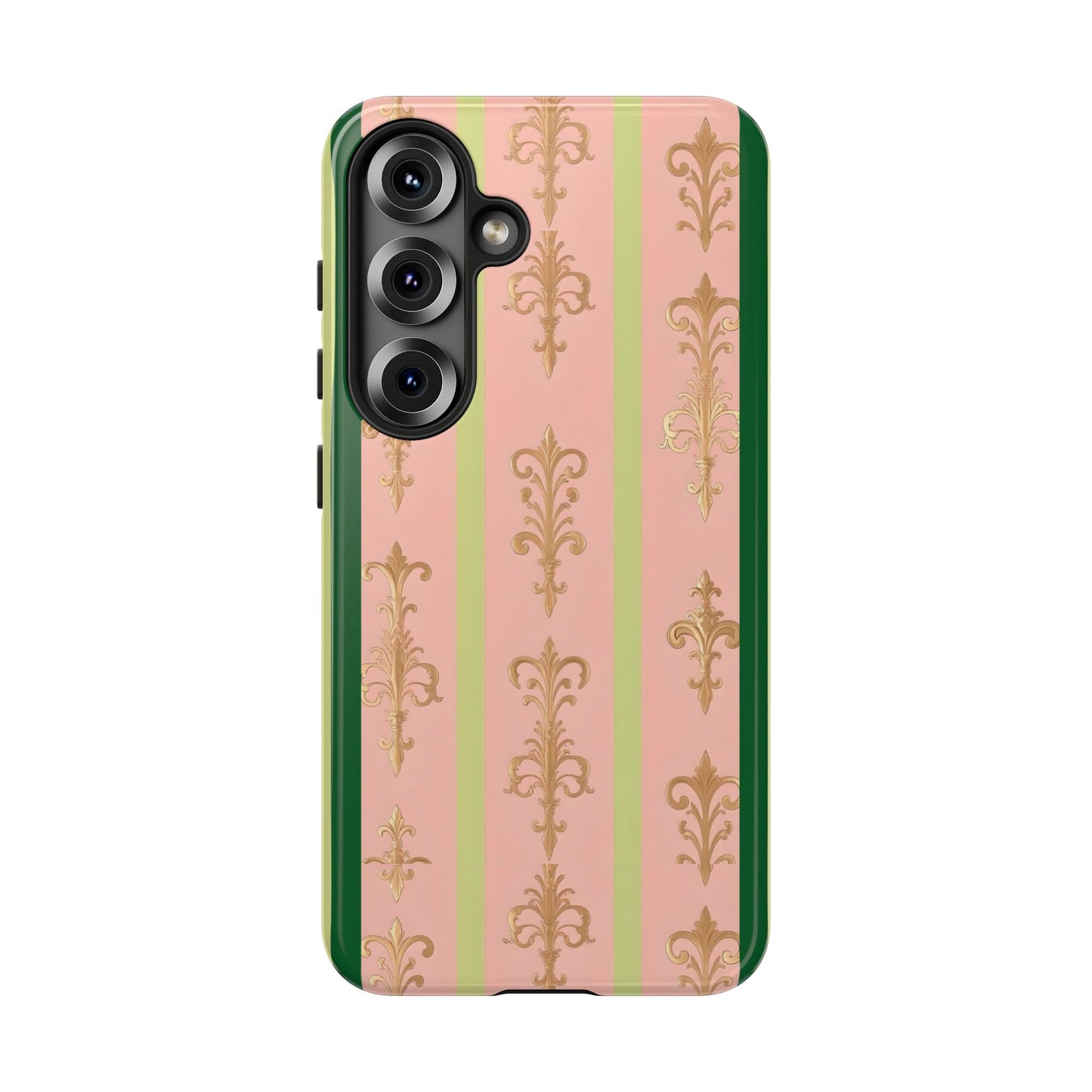 Elegant Floral Motif Phone Case - Tough Cases with Vintage Design - Lime Green & Pink Striped Damask