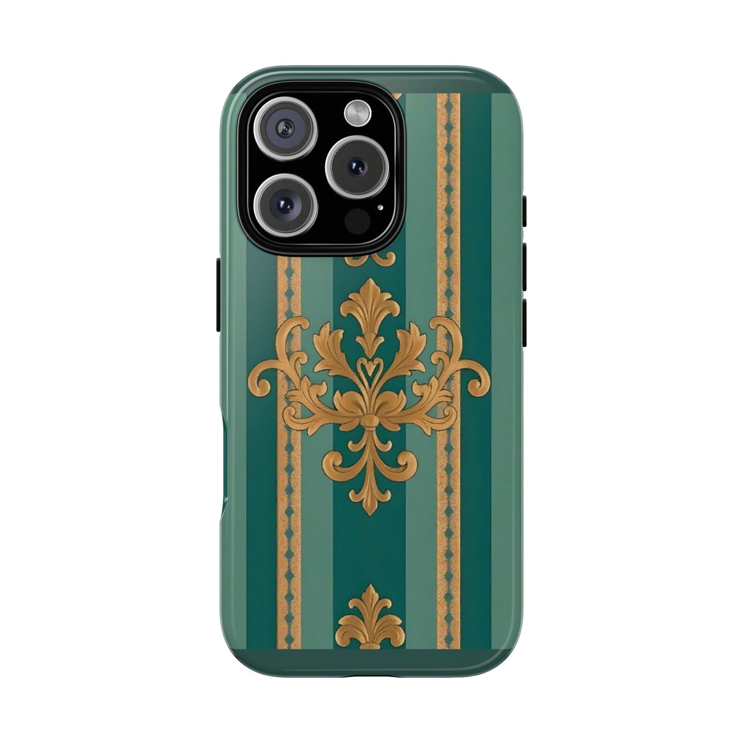 Elegant Floral Motif Phone Case - Tough Cases with Vintage Design - Teal Striped Gold Damask