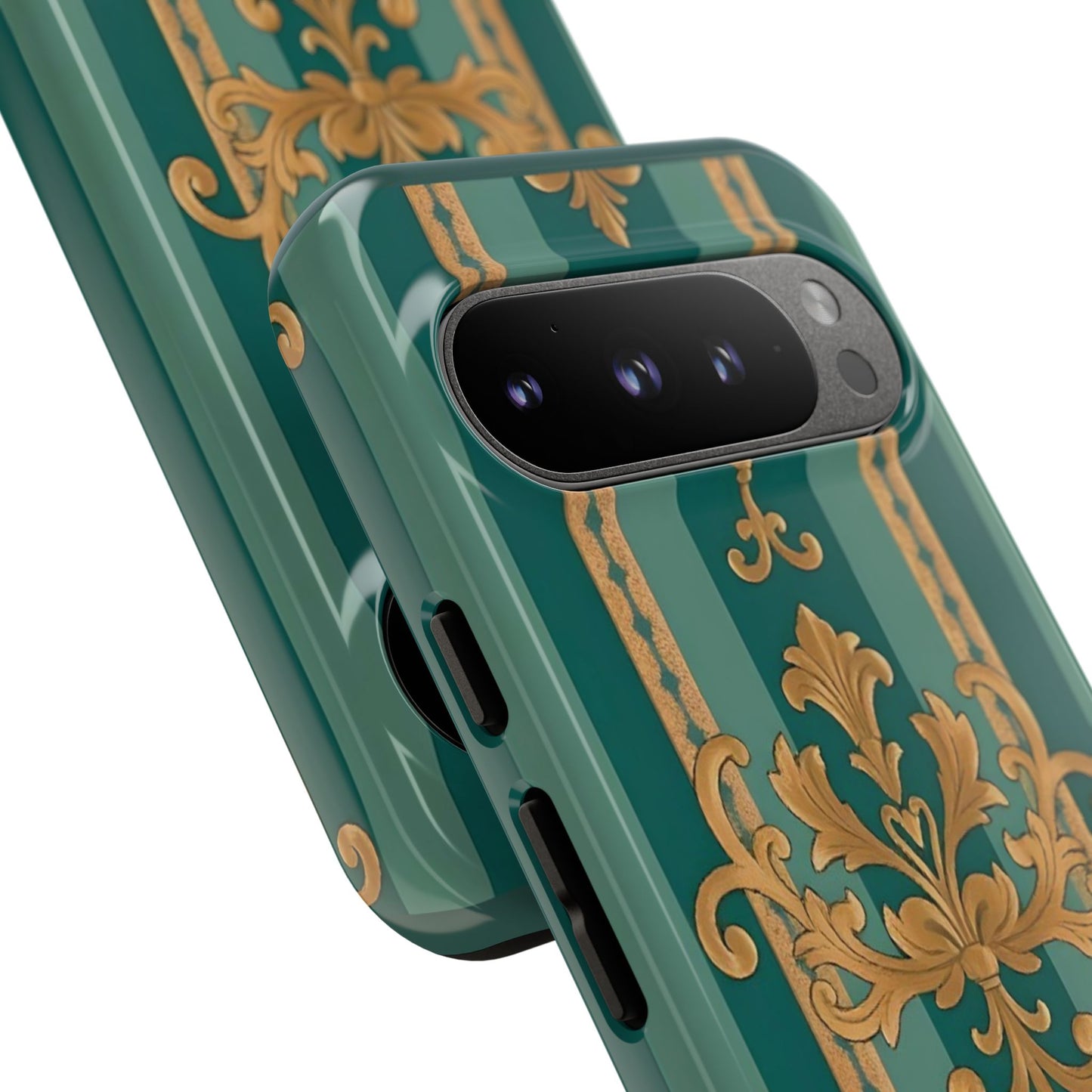 Elegant Floral Motif Phone Case - Tough Cases with Vintage Design - Teal Striped Gold Damask