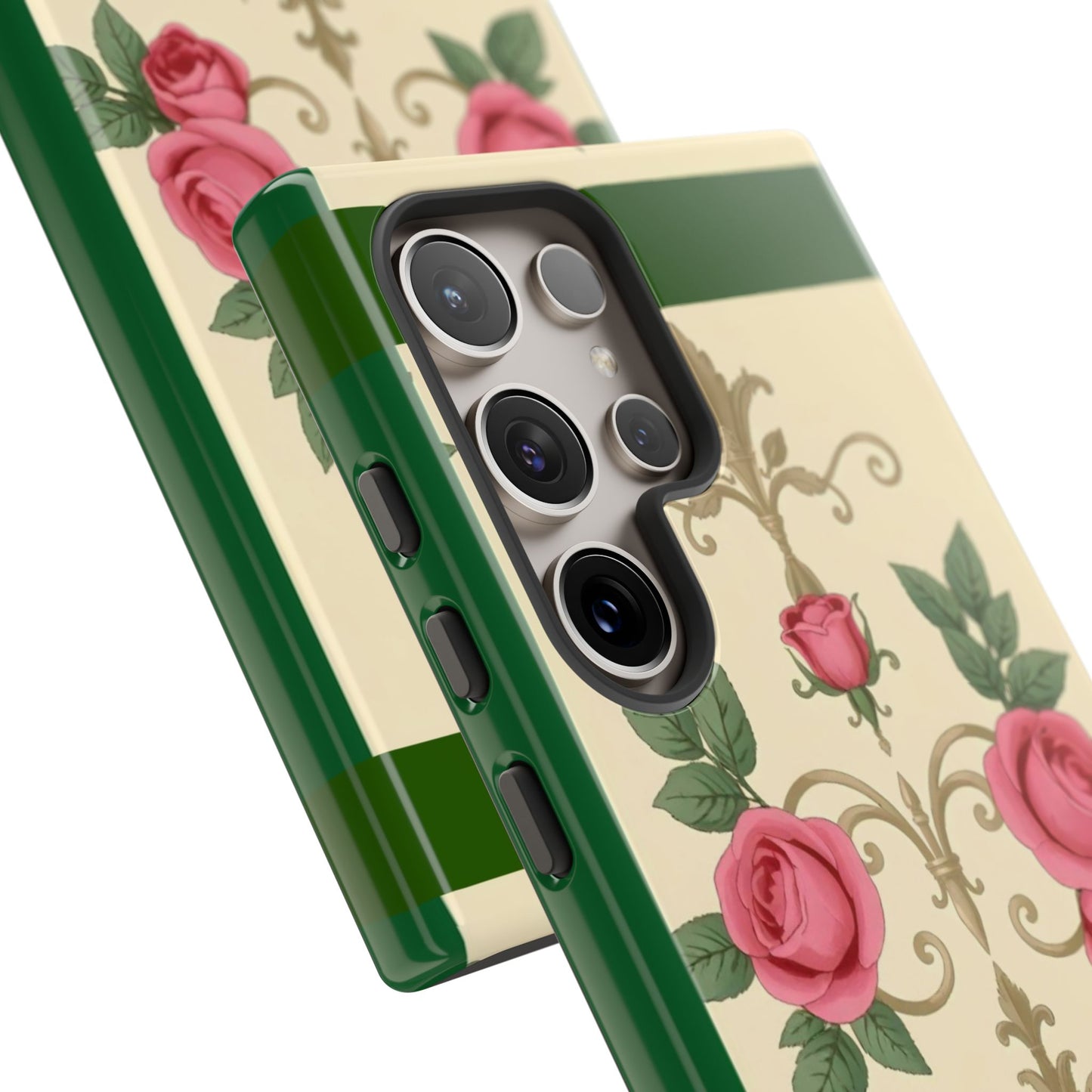 Elegant Floral Motif Phone Case - Tough Cases with Vintage Design - Green Border Roses & Damask