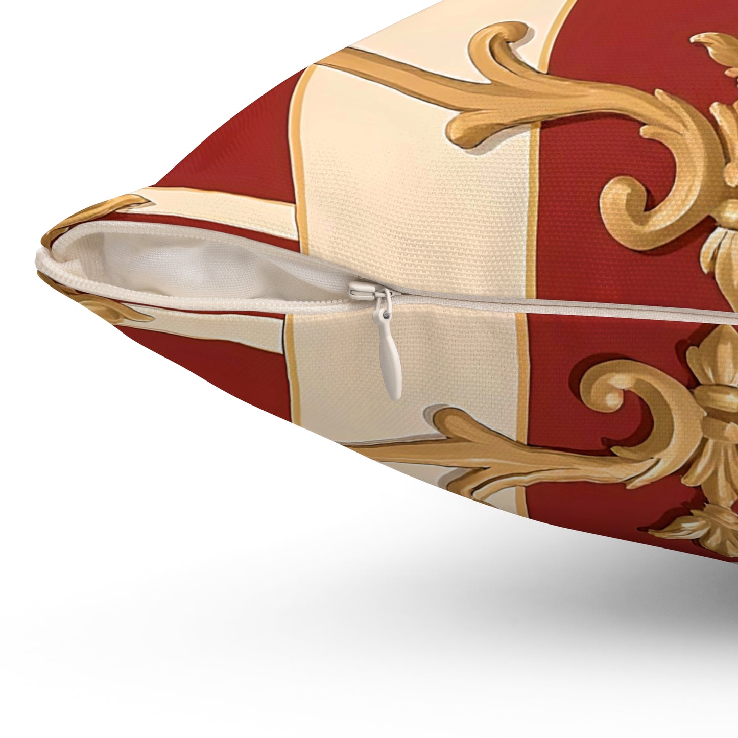 Elegant Vintage-Inspired Square Pillow with Gold Ornate Design - Alabaster & Dusk Orange Striped Baroque