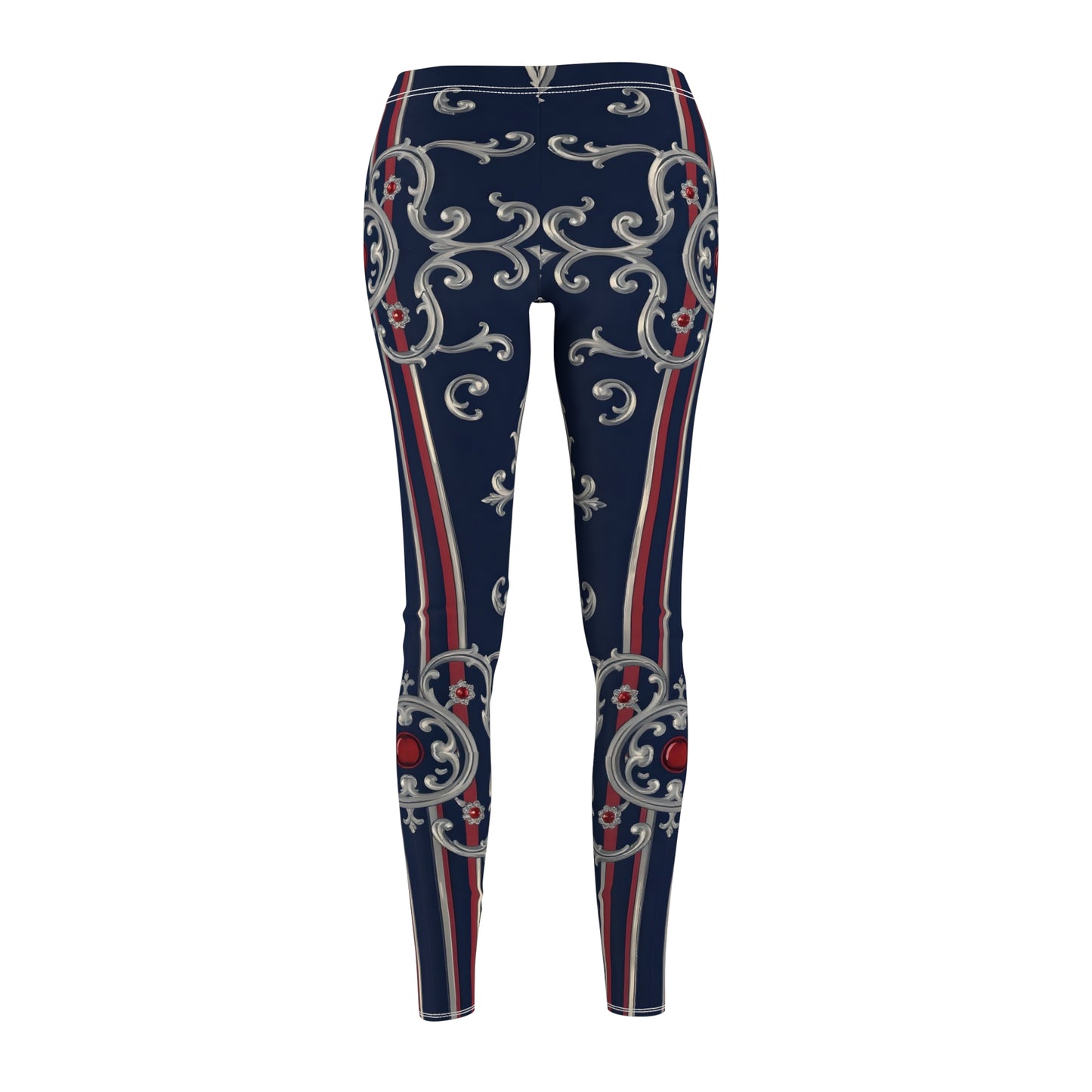Stylish Women's AOP Leggings, Comfortable Casual Wear, Perfect for Yoga, Home, and Active Lifestyle - Blue & Red Striped Silver Baroque