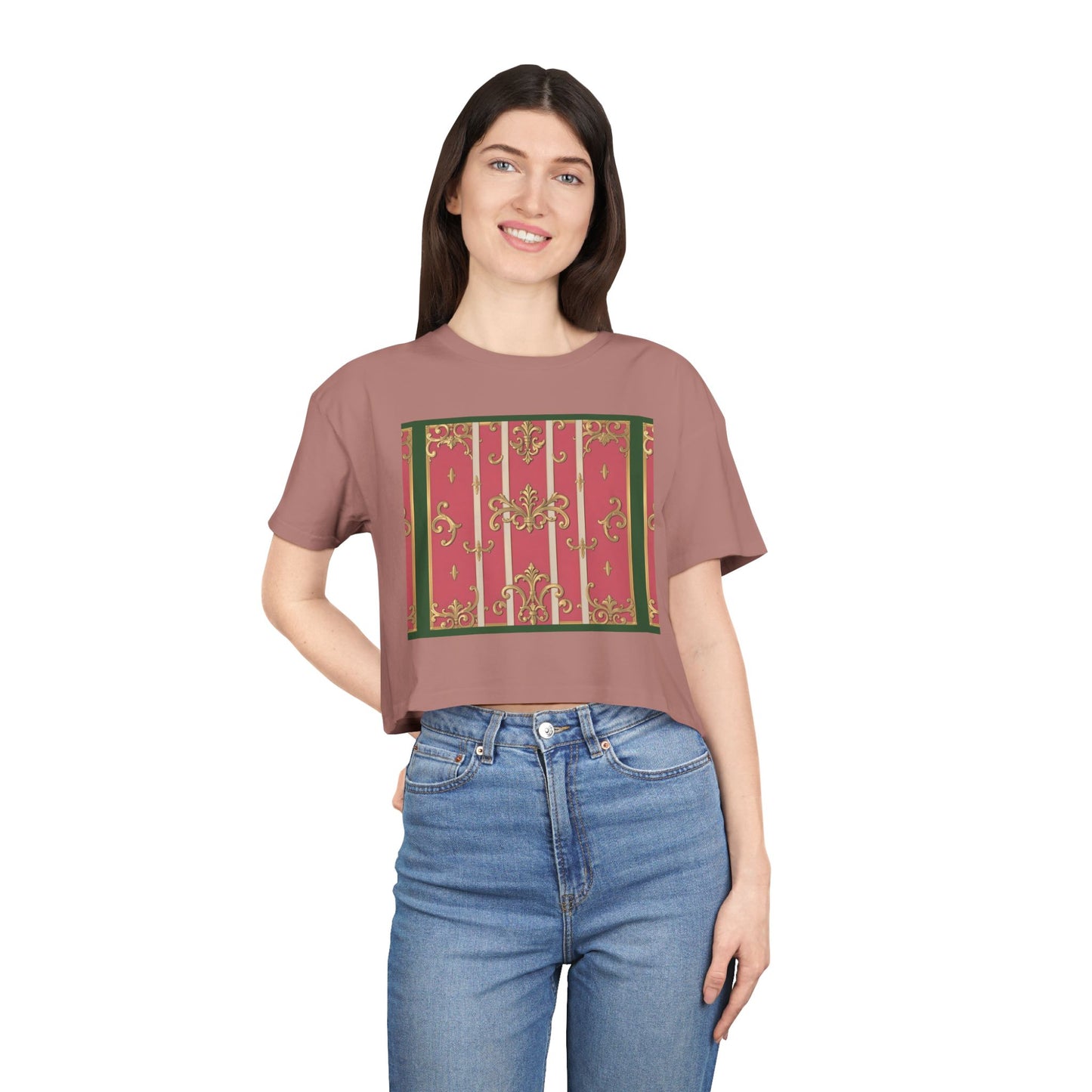 Chic Green Border Pink Striped Baroque Women's Crop Tee - Vintage Style Shirt for Casual Outings, Holidays, Gift Ideas, Spring Fashion, Trendy Top