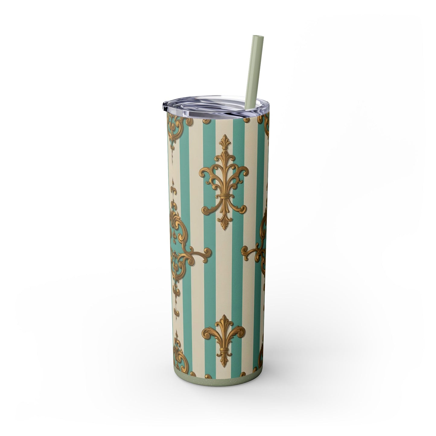 Elegant Vintage Skinny Tumbler with Straw, 20oz, Stylish Drinkware, Perfect Gift for Home, Coffee Lovers - Matte Green Striped Rococo