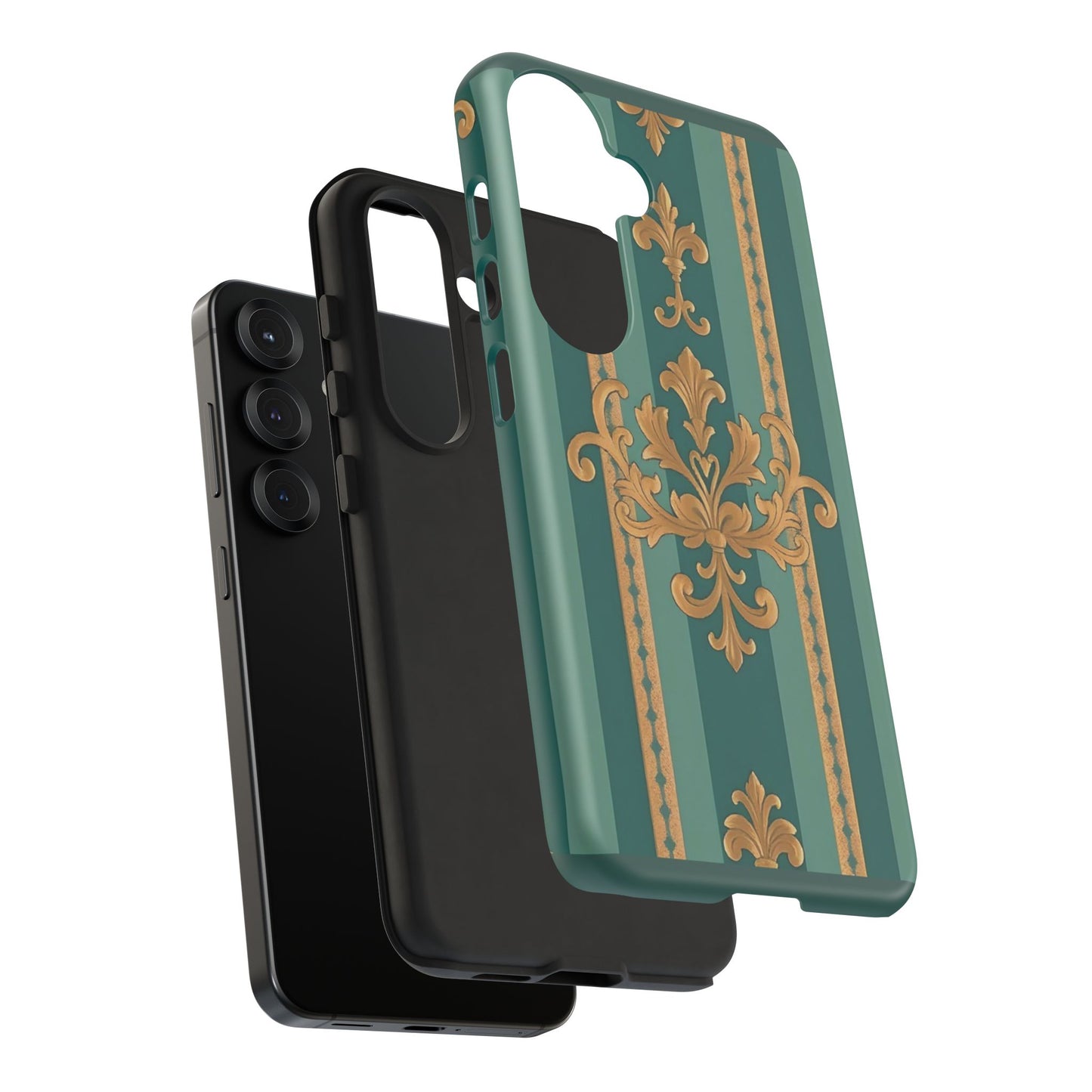 Elegant Floral Motif Phone Case - Tough Cases with Vintage Design - Teal Striped Gold Damask